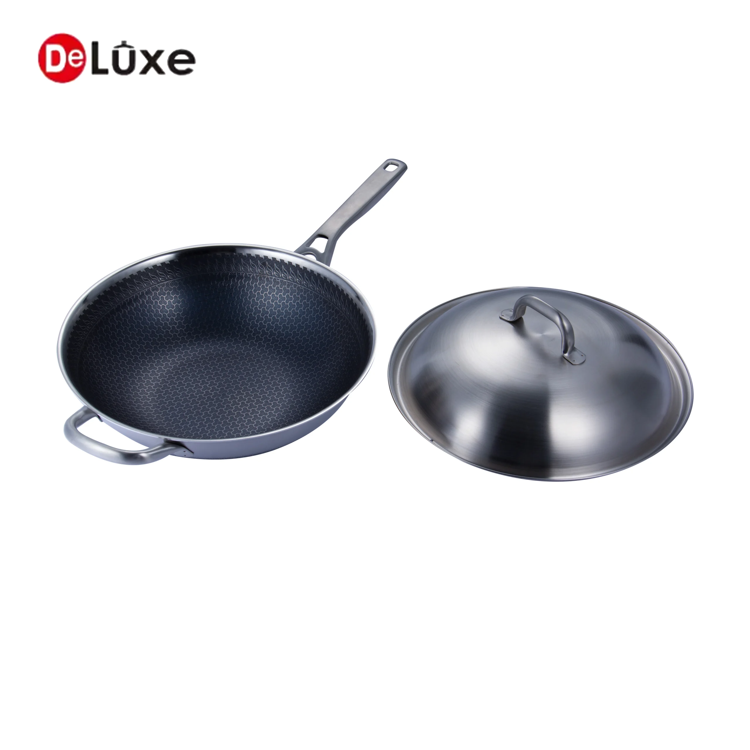 Deluxe black honeycomb textured non-stick stainless steel frying pan matched with stainless steel lid for home cooking
