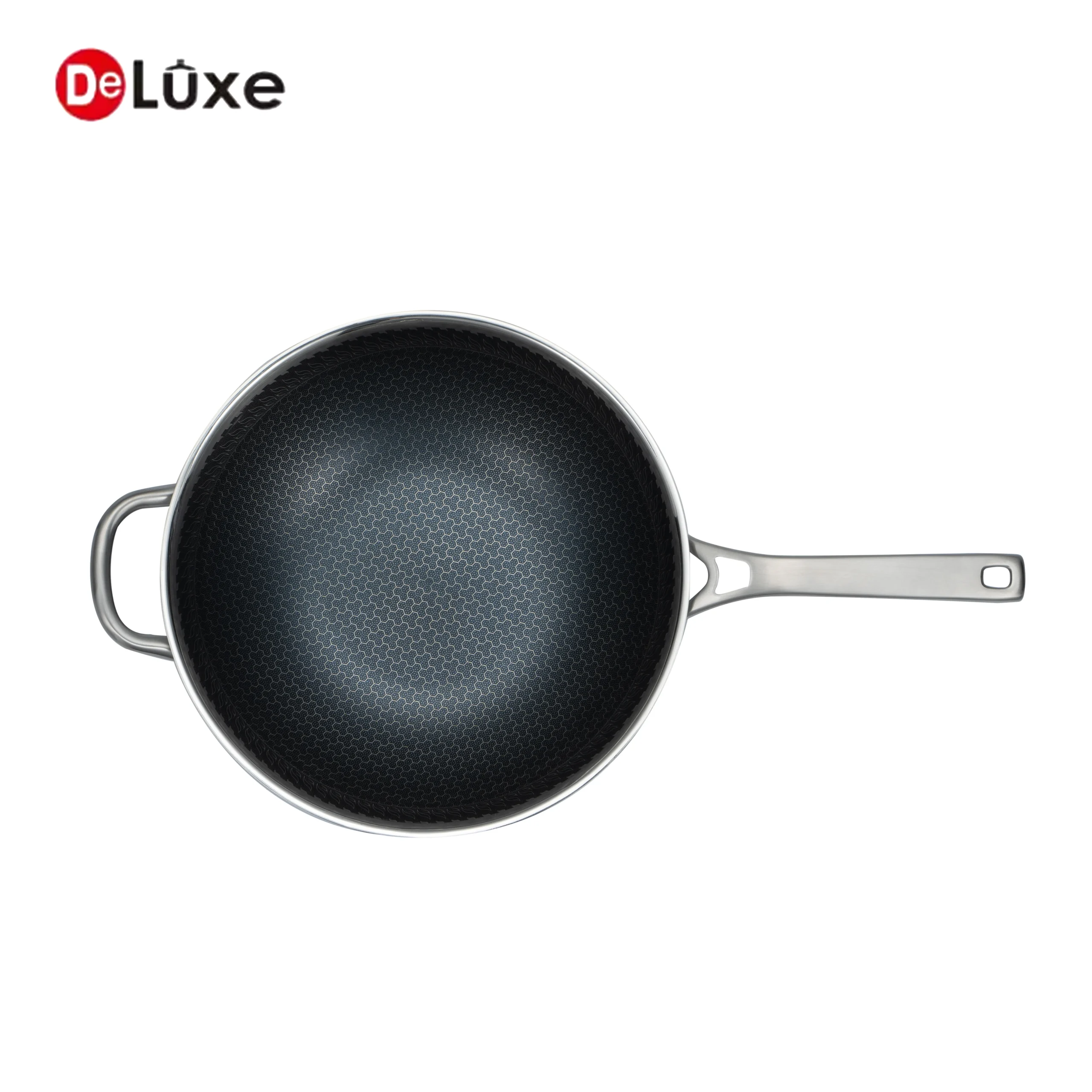 Top view of Deluxe black honeycomb non-stick interior composite stainless steel stir fry wok