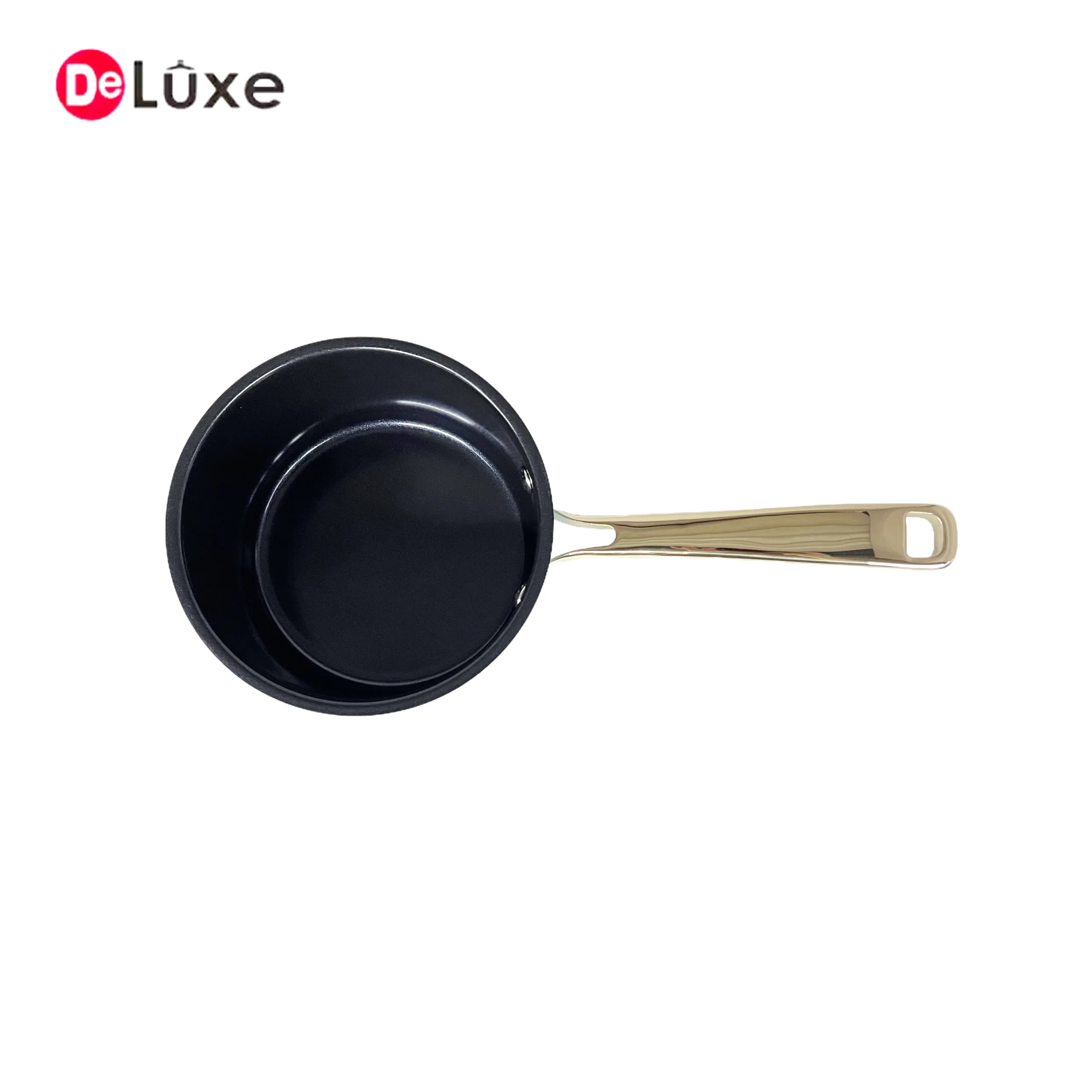 Top view of stainless steel ceramic nonstick saucepan with PVD handle