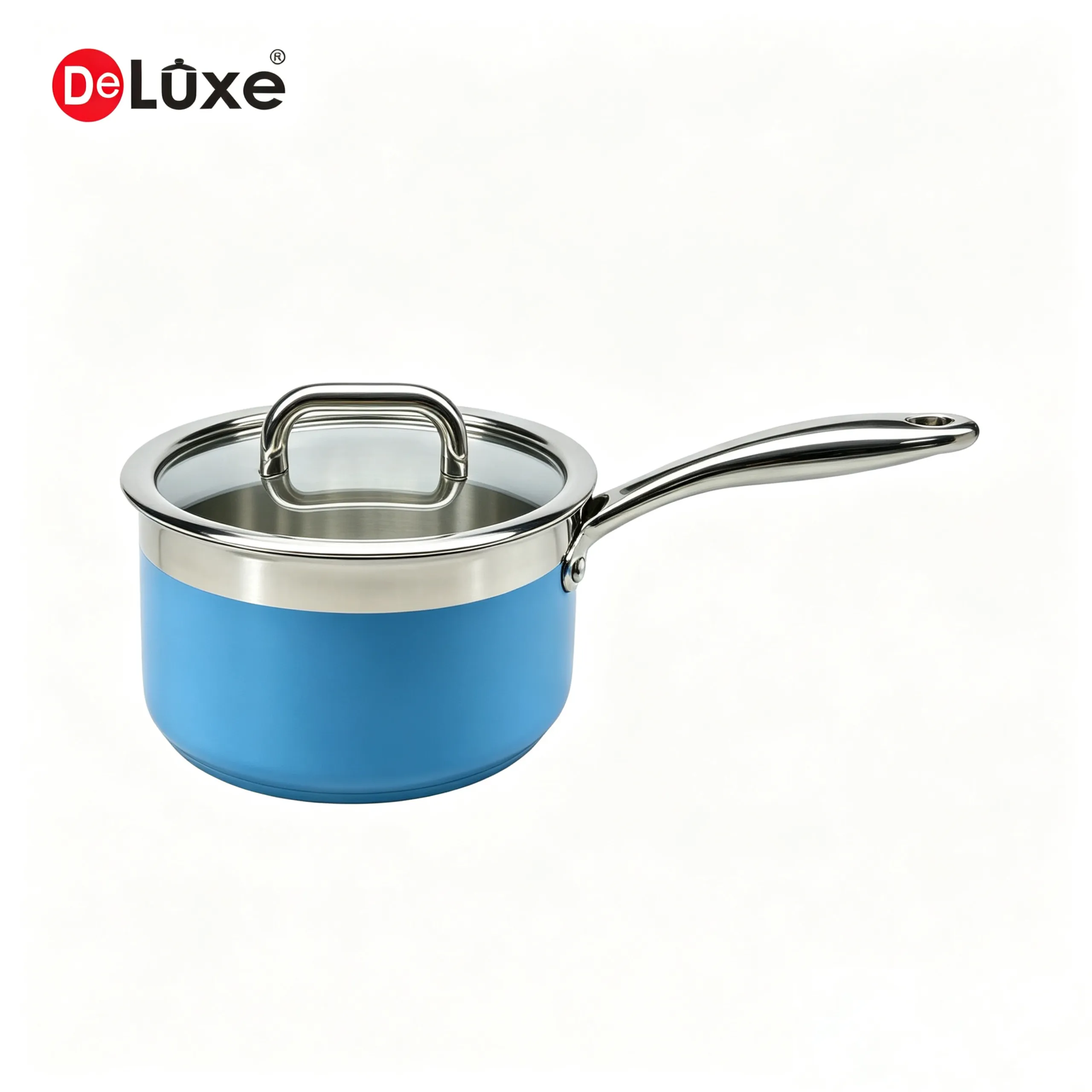 Blue exterior coated stainless steel saucepan with mirror polished band and lid