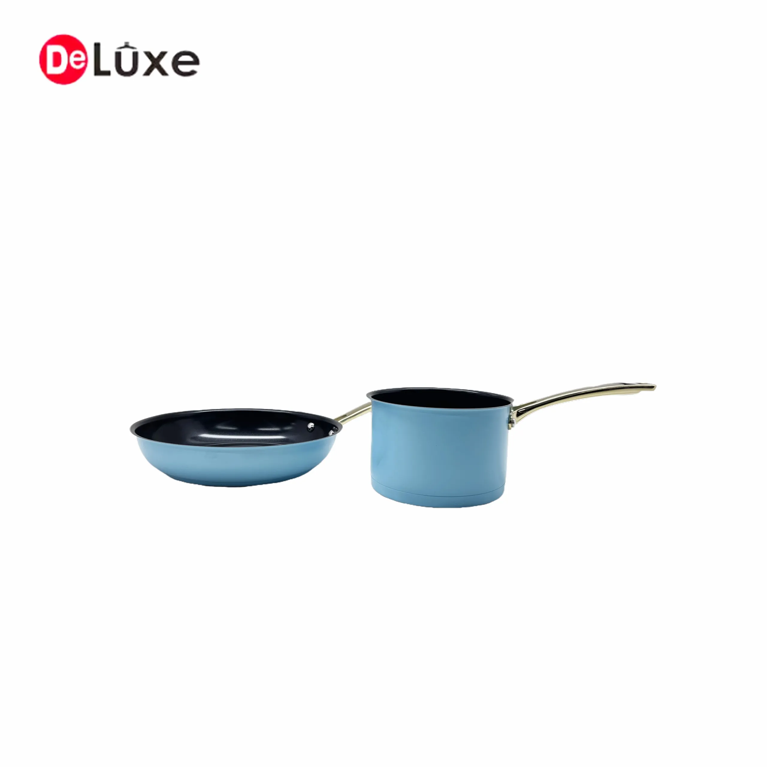 Deluxe blue high-temperature painted stainless steel ceramic nonstick frying pan and saucepan group view