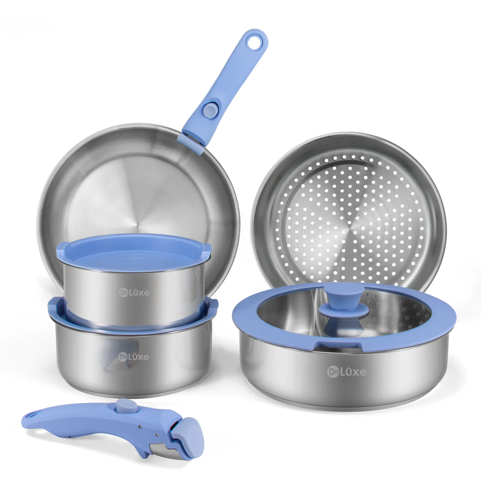 DeLuxe Blue Detachable Removable Handle Stainless Steel Pots and Pans Complete Cookware Set main product shot