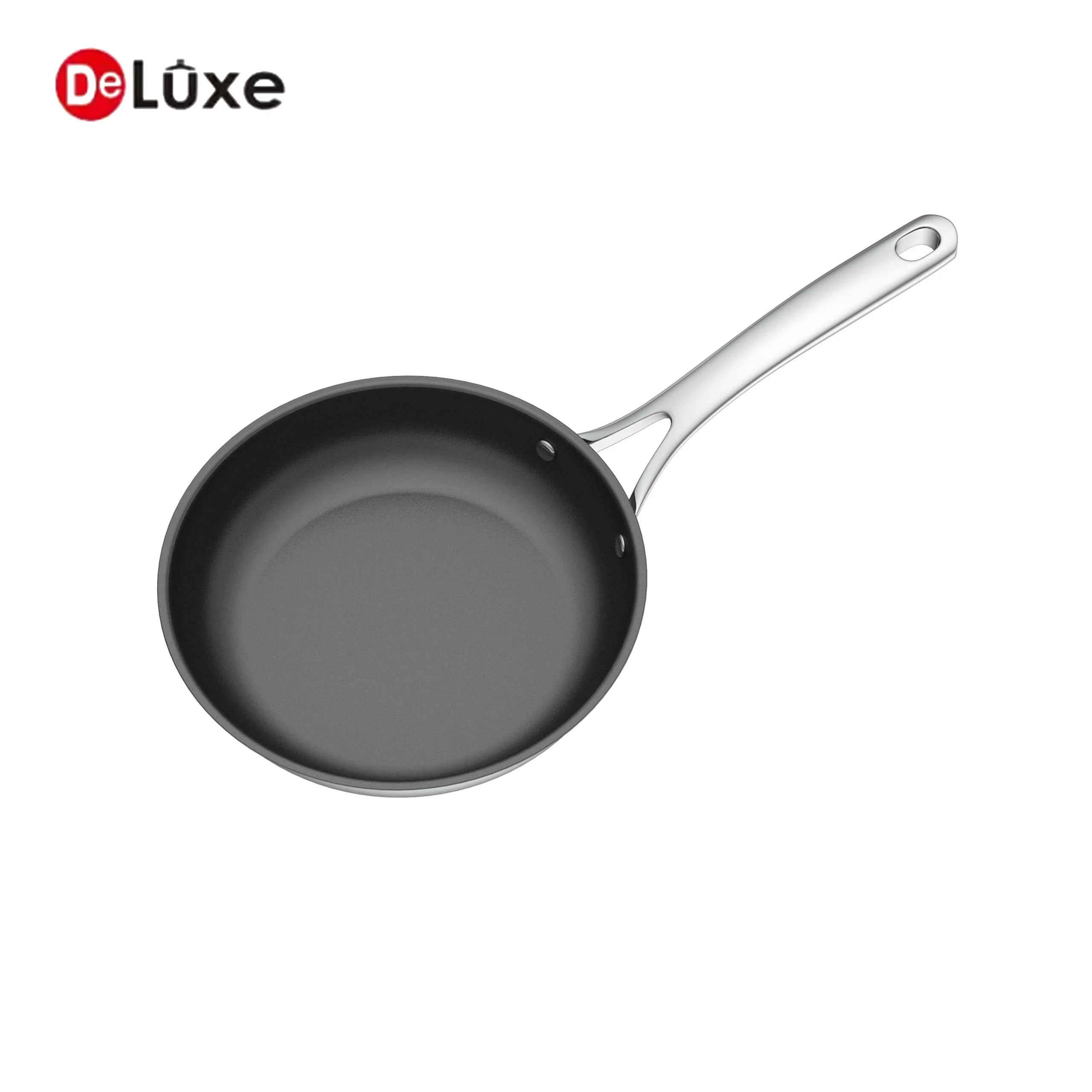 Overhead view of Deluxe black ceramic non-stick fry pan with cast steel handle