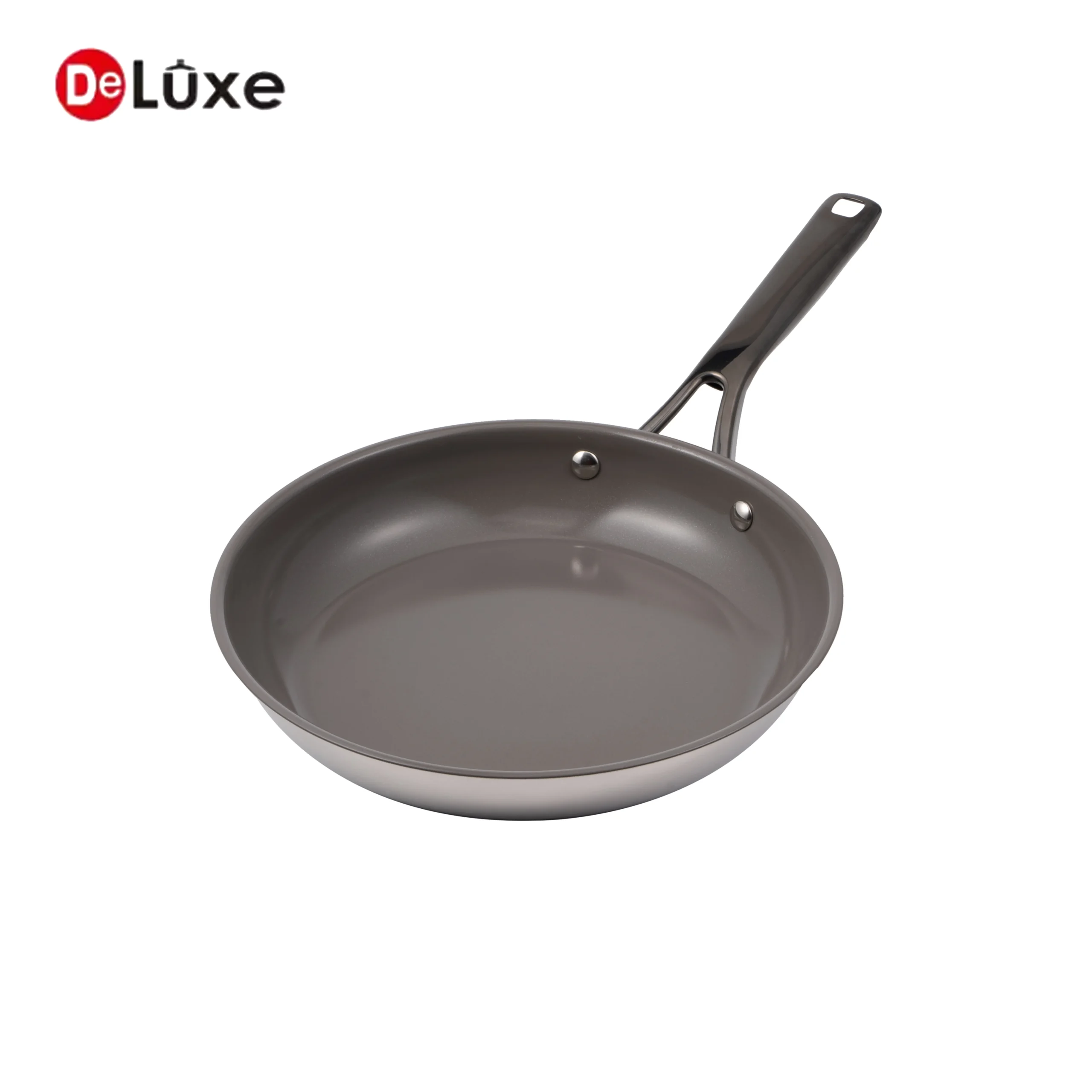 Deluxe stainless steel frying pan with black PVD handle, dark gray ceramic non-stick lining