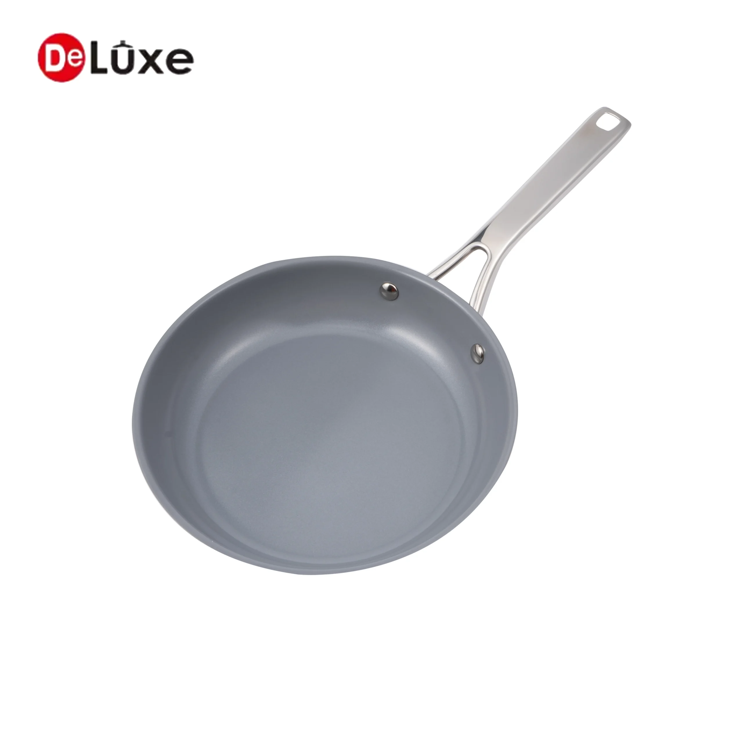 Stainless steel ceramic non-stick frying pan with original stainless steel handle, light gray interior