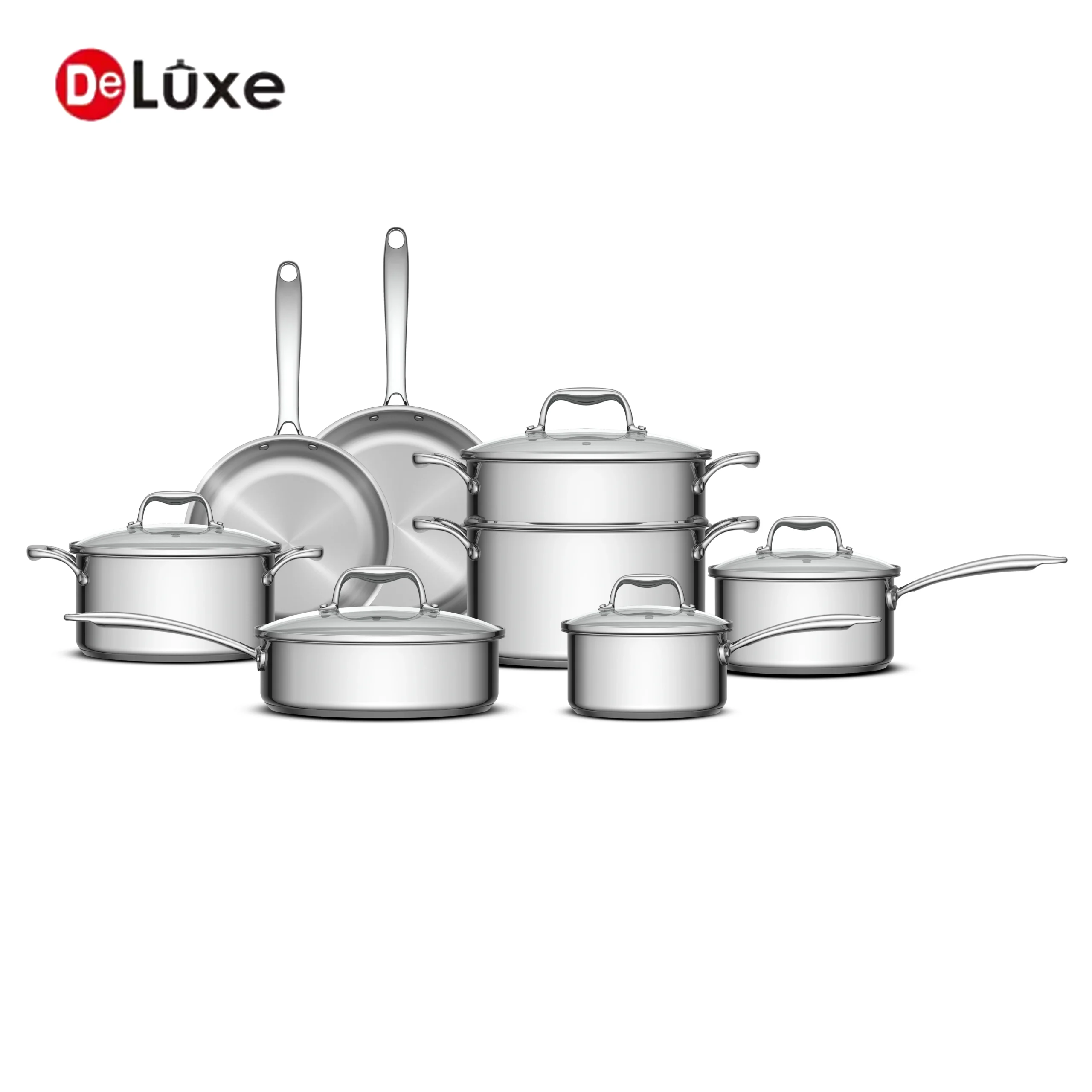Deluxe classic SS304 aluminum stainless steel cookware set with glass lids, saucepans, stock pots, steamer and frying pans for gas and induction cooktops