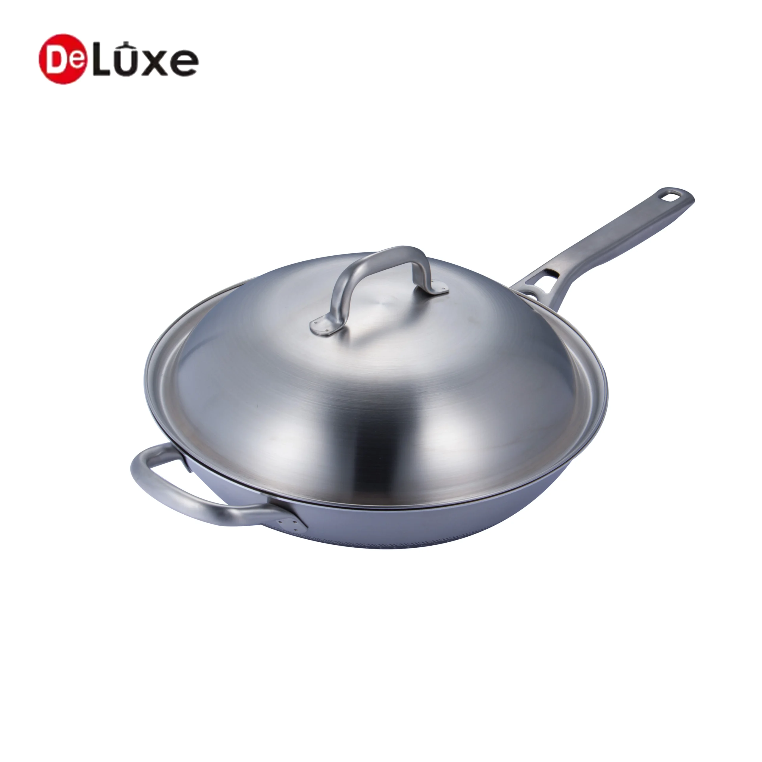 Deluxe composite stainless steel honeycomb non-stick Chinese wok with one-piece stainless steel lid, compatible with gas and induction cooktops
