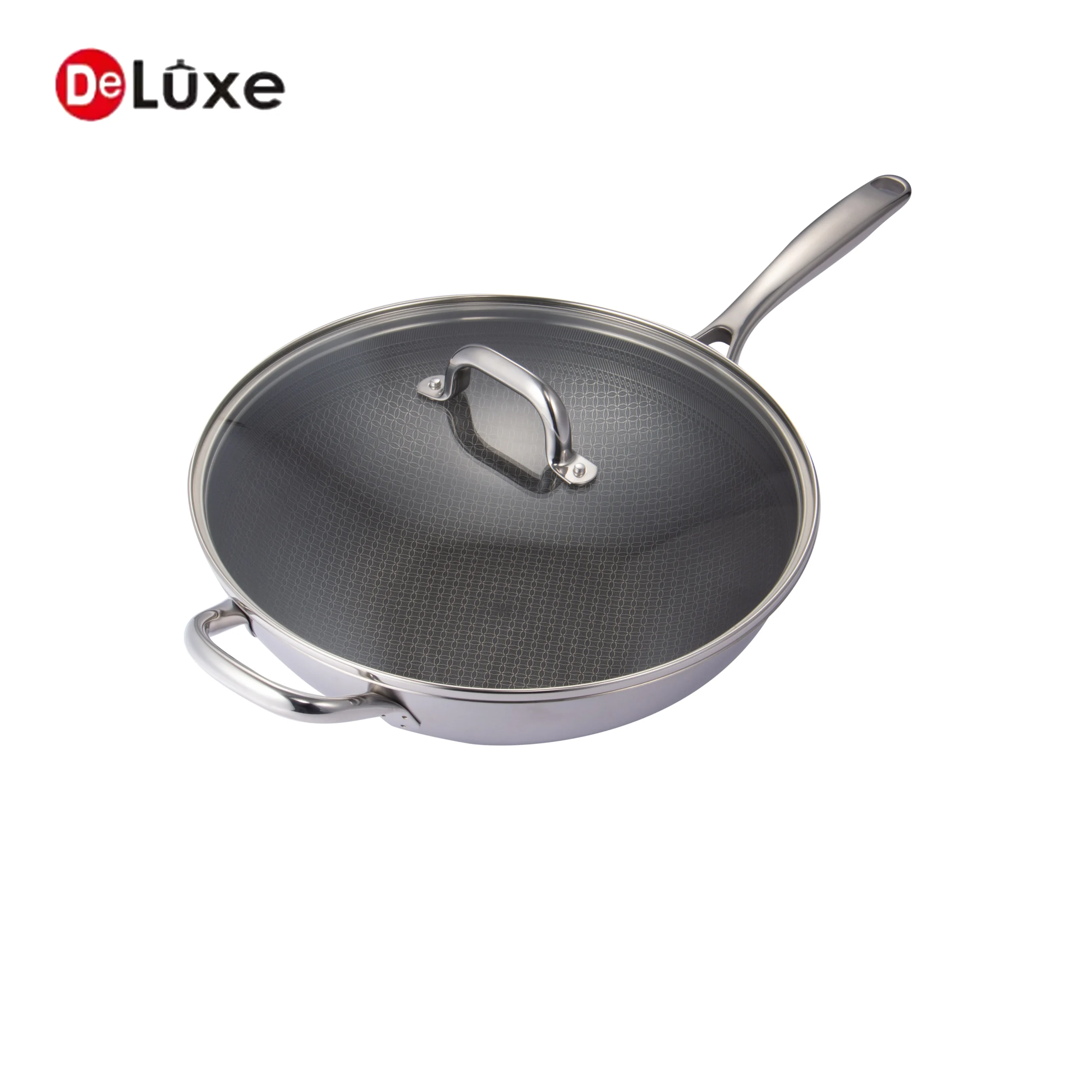 Deluxe composite stainless steel wok with etched honeycomb non-stick interior, tempered glass lid and side helper ear