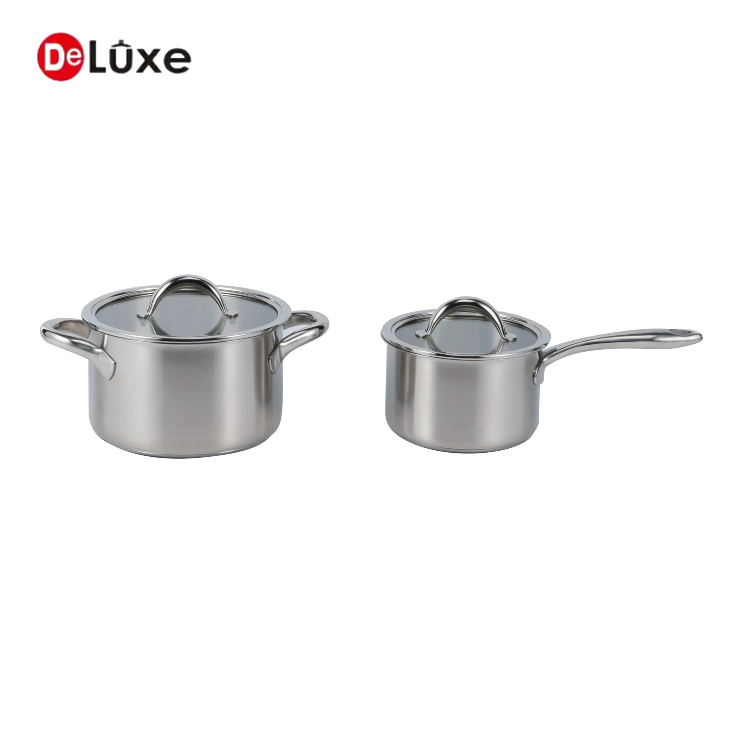Deluxe stainless steel cookware set, saucepan and double handle stock pot combo