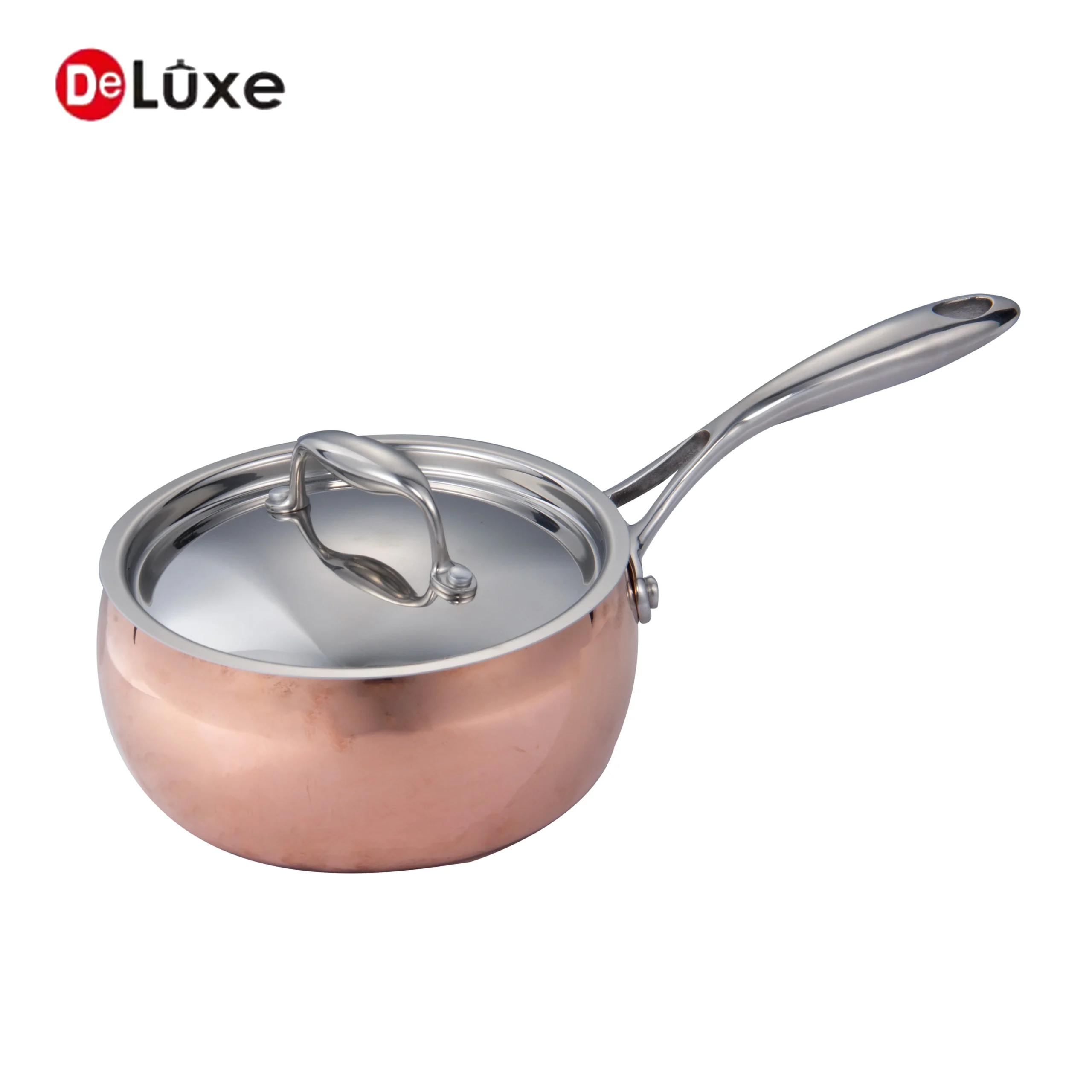 Deluxe composite copper apple shape saucepan with cast steel single handle and matching stainless steel lid