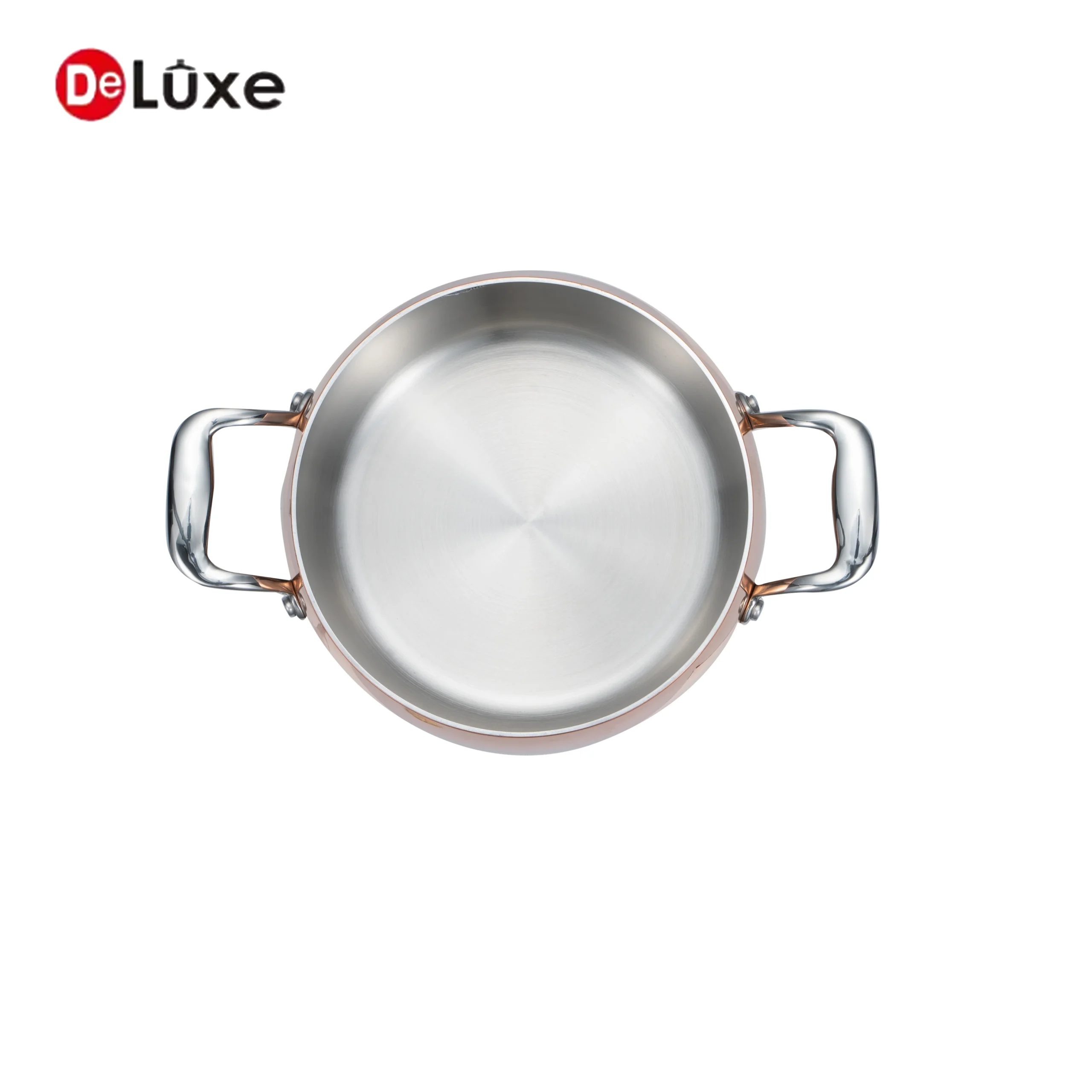 Open empty composite copper apple stock pot with double cast steel handles, smooth stainless interior
