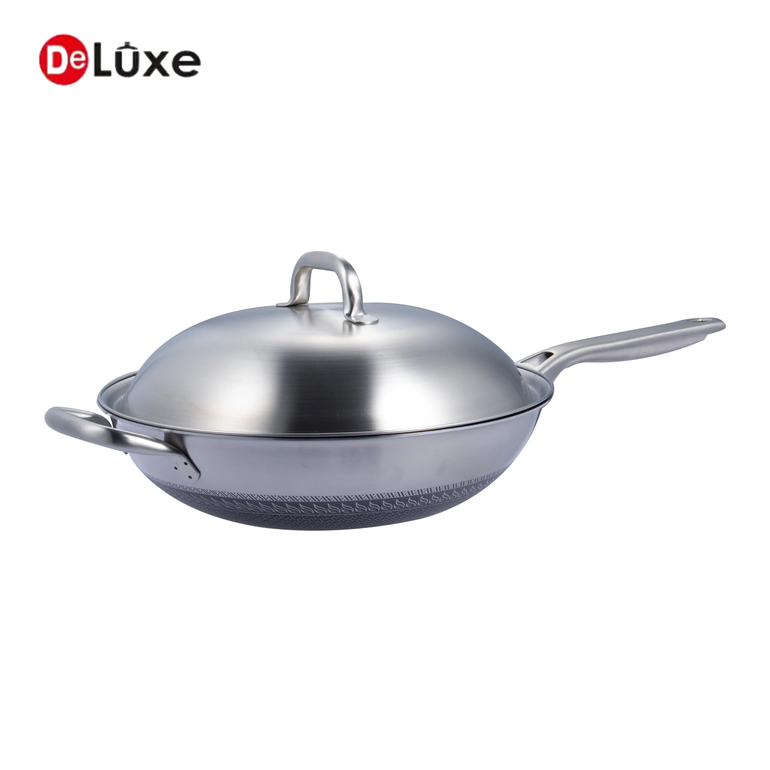 Deluxe deep body honeycomb non-stick composite stainless steel Chinese wok with stainless steel lid