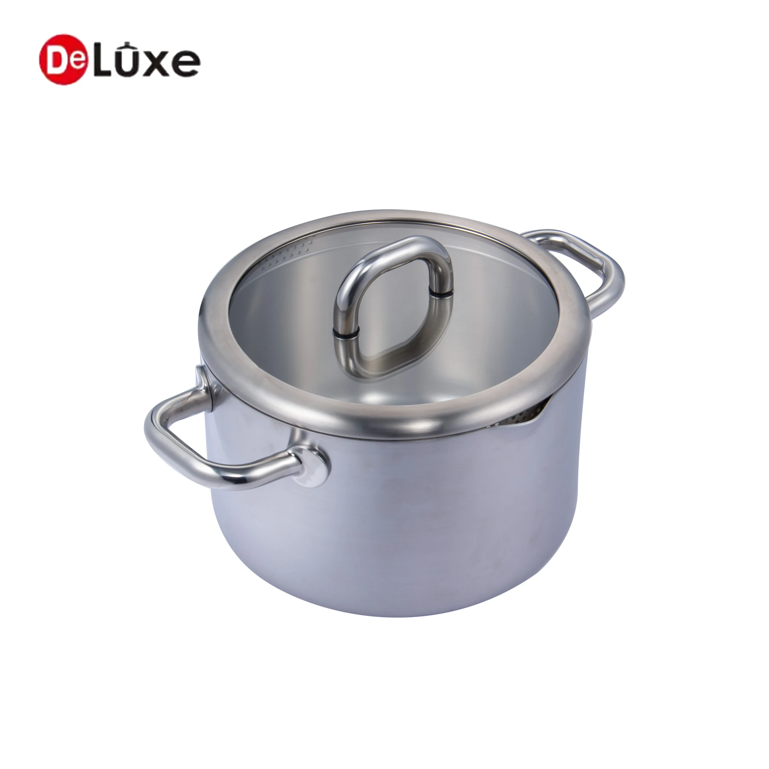 Deluxe deep stainless steel stock pot with glass lid and side handles for soup stew and boiling