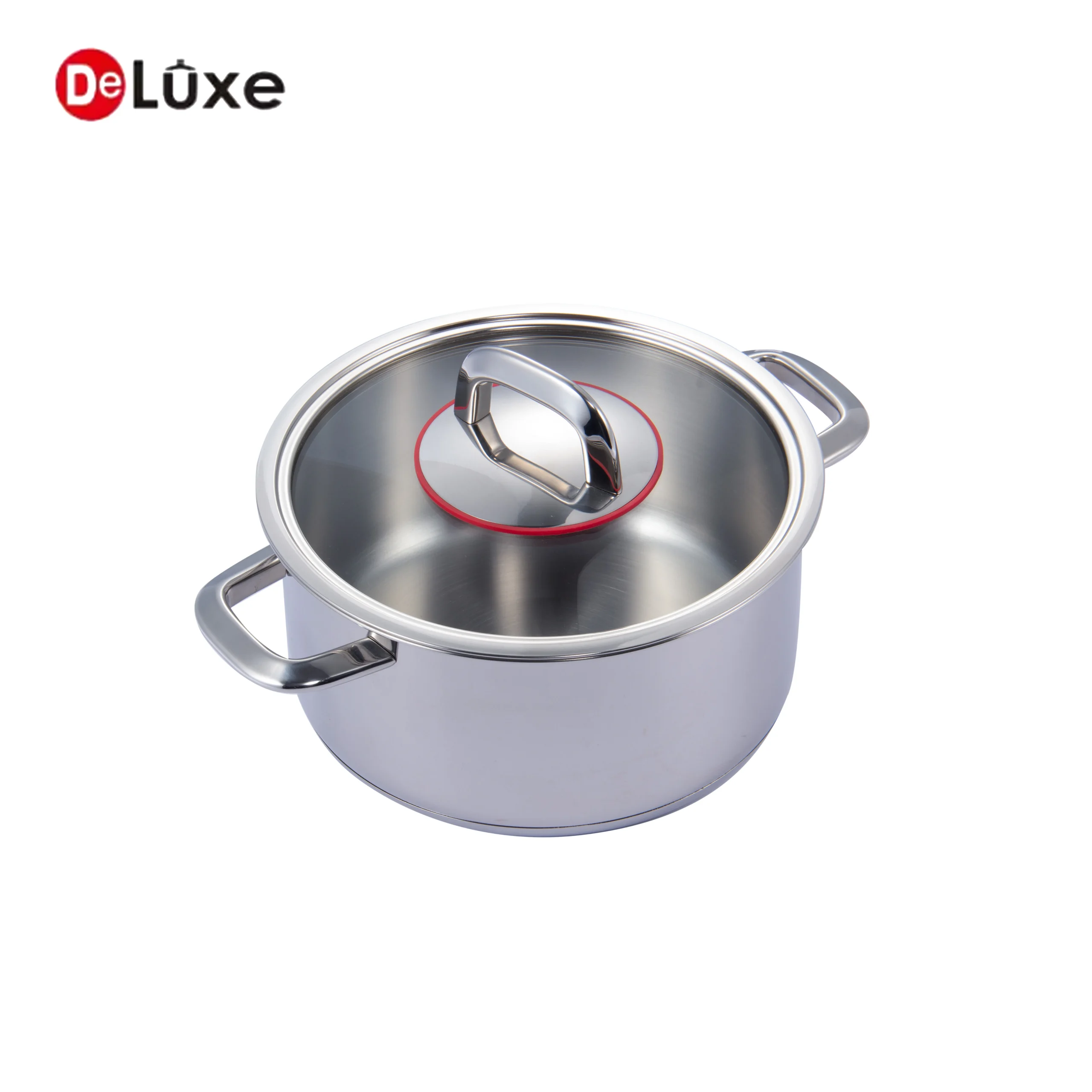 Stainless steel deep stock pot with double cast steel handles and red silicone seal glass lid