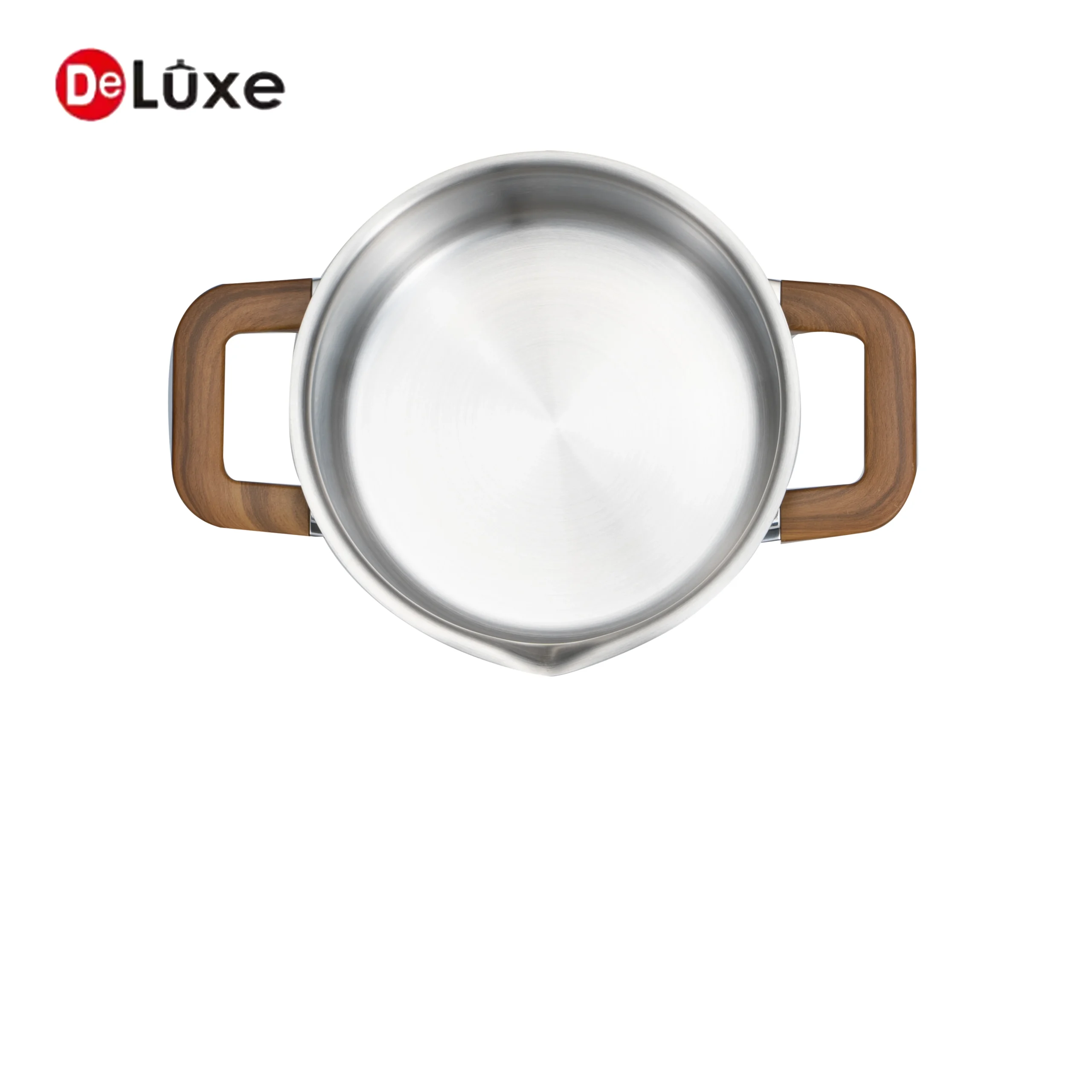 Overhead view empty Deluxe stainless steel stock pot with dual wood grain side handles