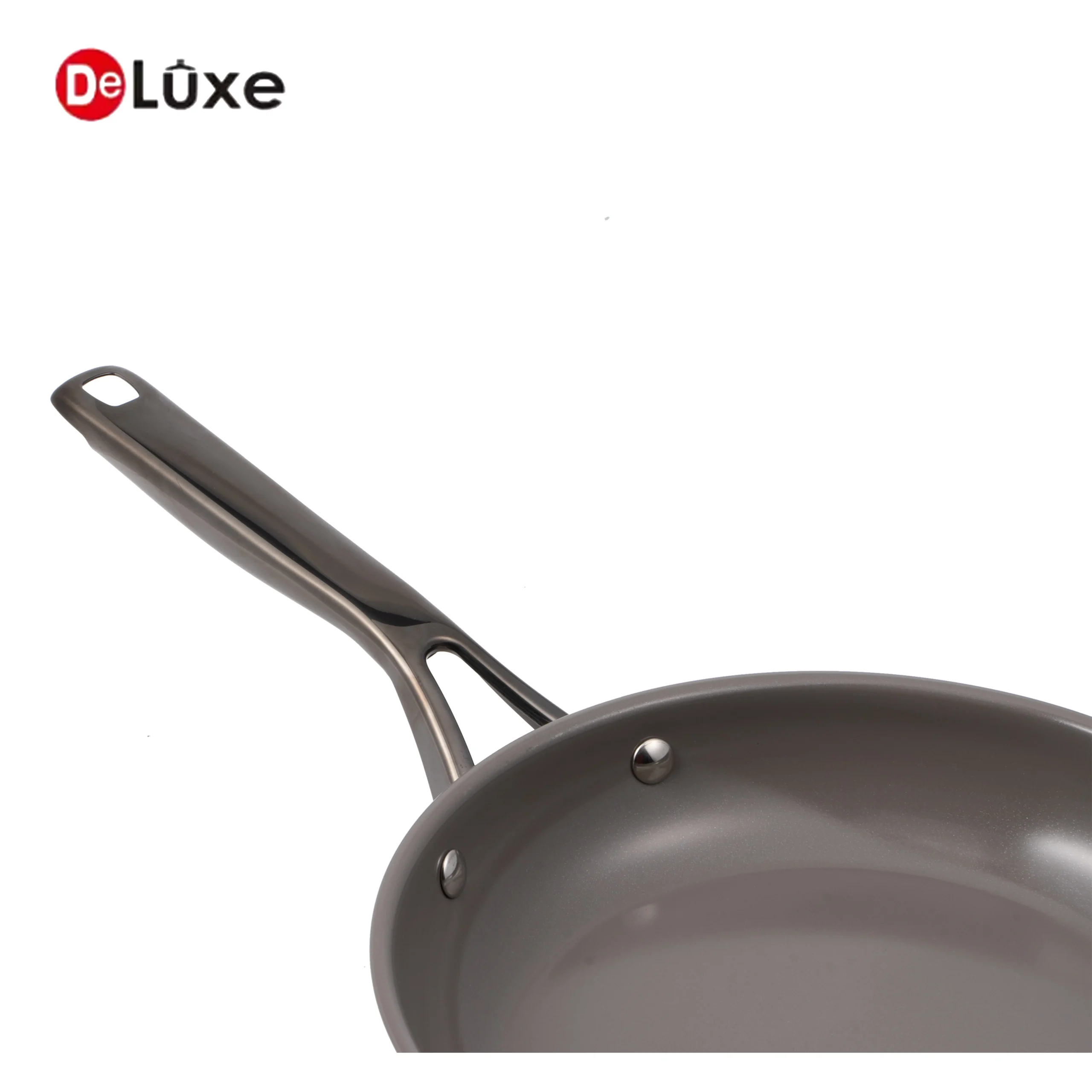 Close-up of deluxe ceramic non-stick frying pan with black PVD hollow handle