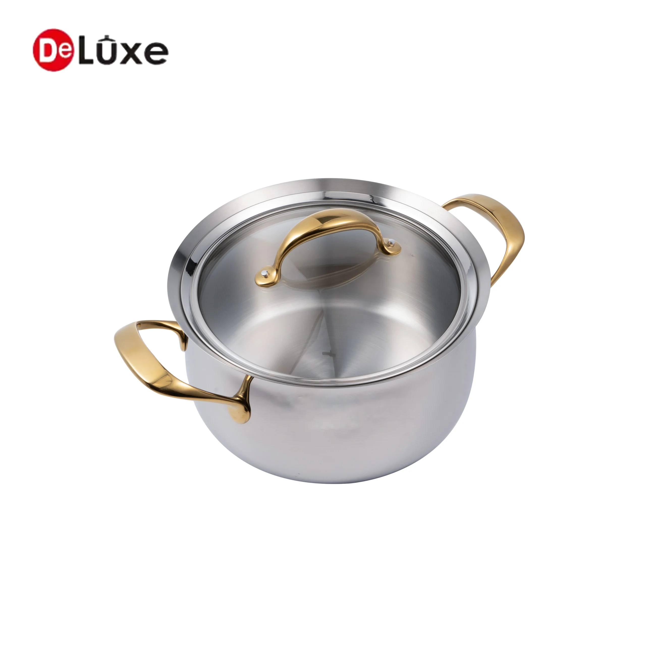 Belly shaped deep stockpot with double luxury gold PVD cast steel handles and stainless lid