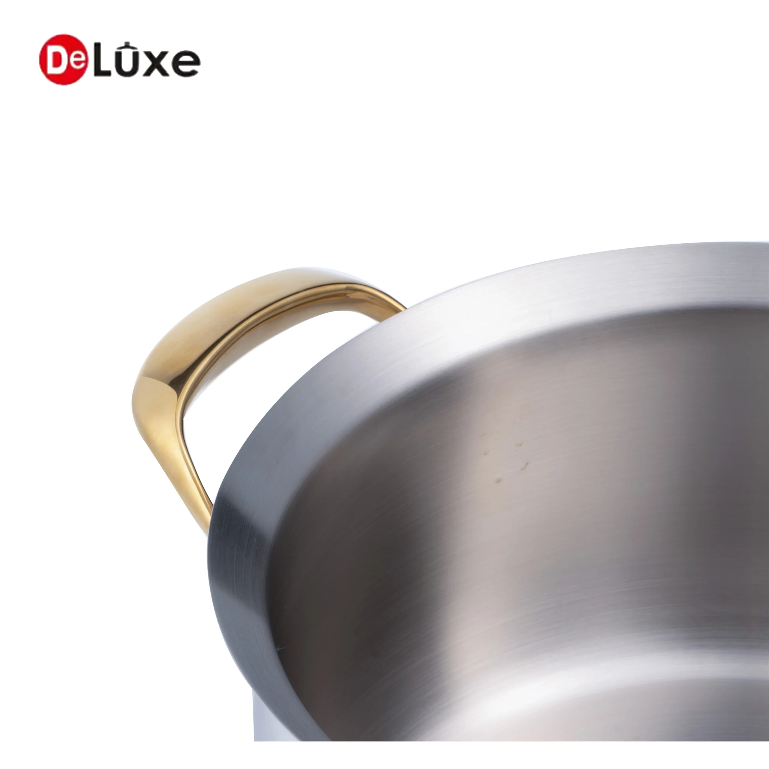 Close-up of premium gold PVD coated solid cast steel double handle and smooth stainless interior of belly stockpot