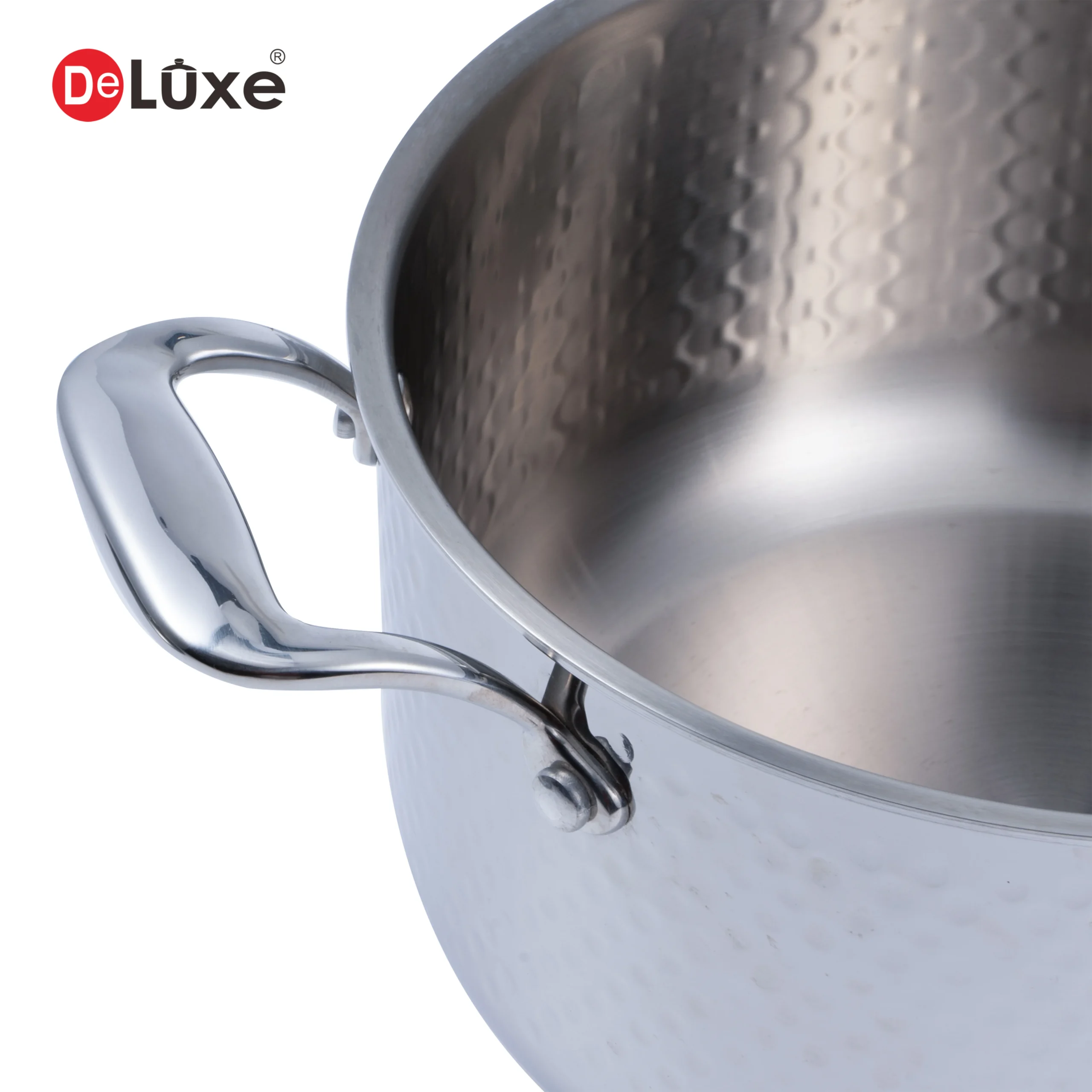 Deluxe hammer finish stainless steel stewing pot, riveted double handle detail