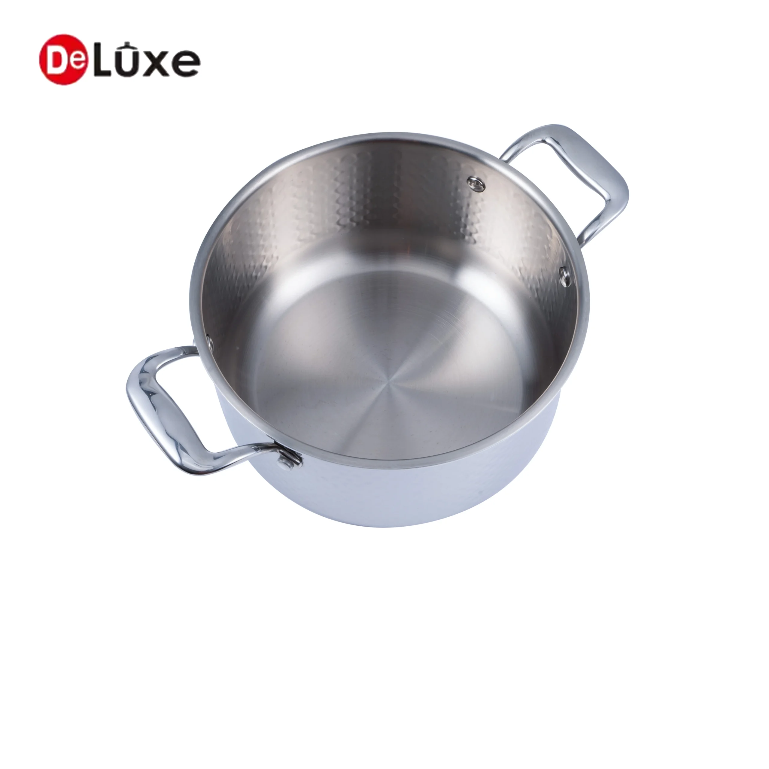 Open Deluxe hammered stainless steel stewing pot, showing smooth interior