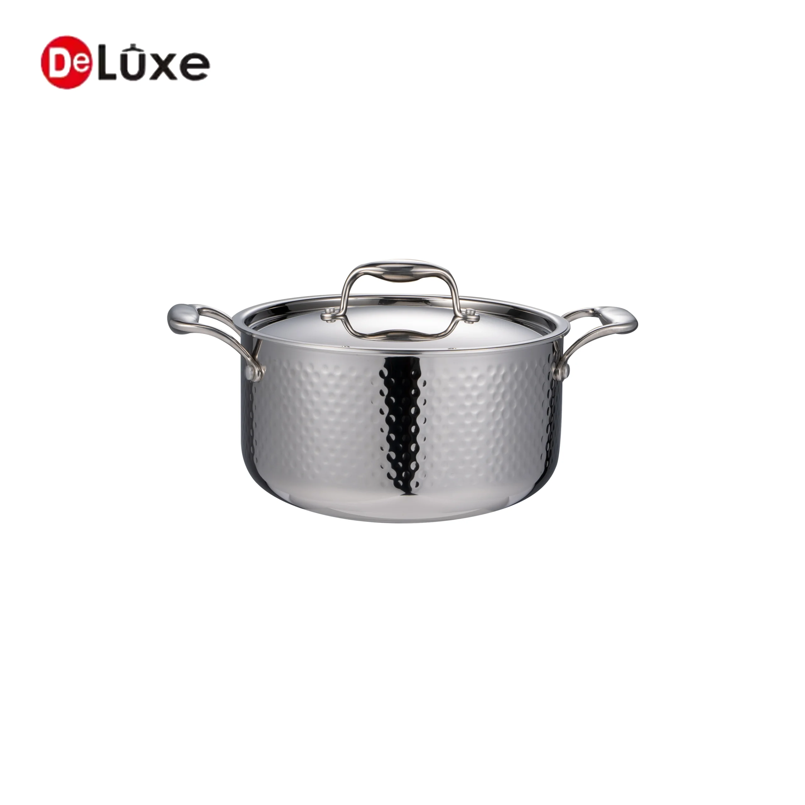 Deluxe hammered stainless steel stewing casserole pot with double handles & steel lid
