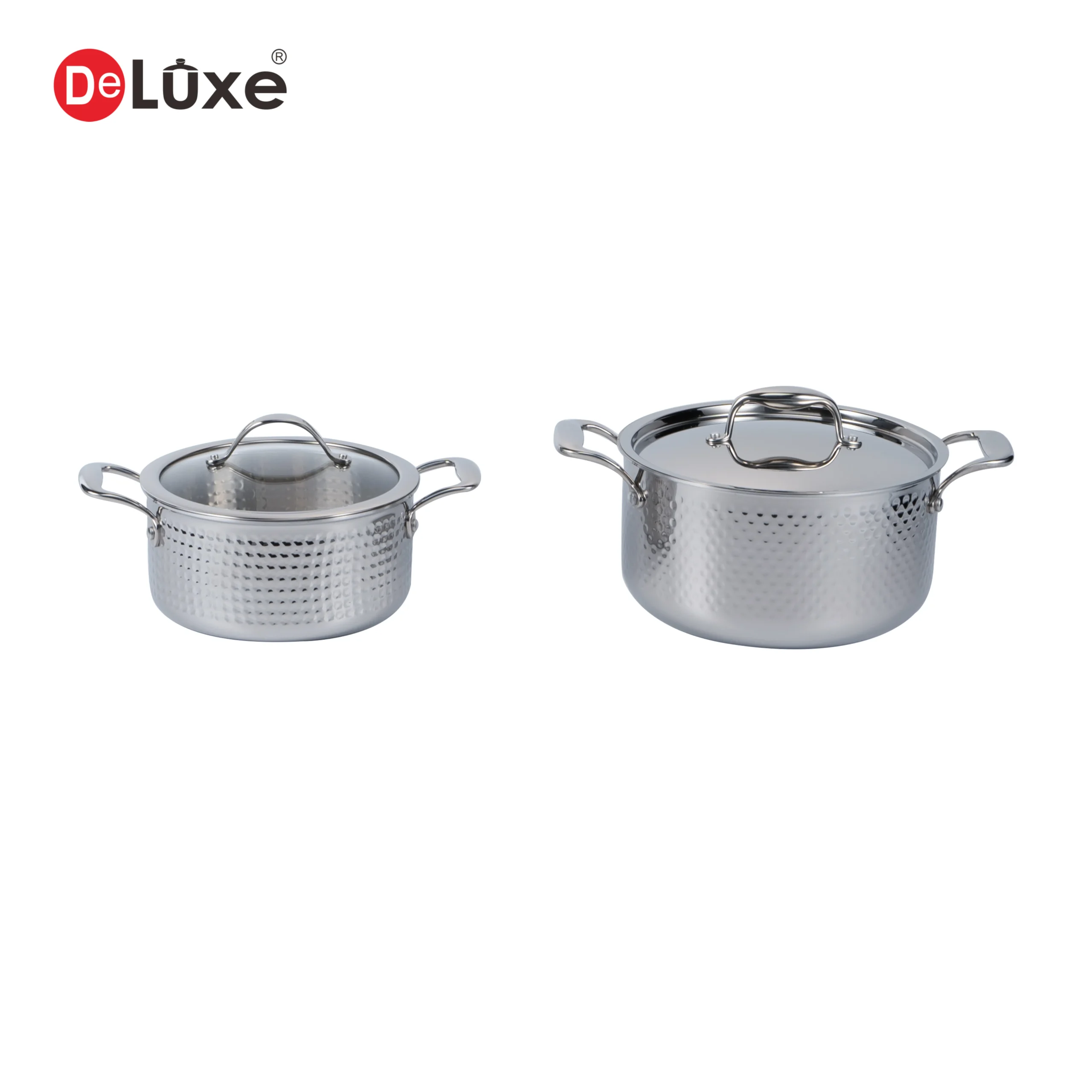 Two sizes of Deluxe hammered stainless steel casserole stewing pot collection
