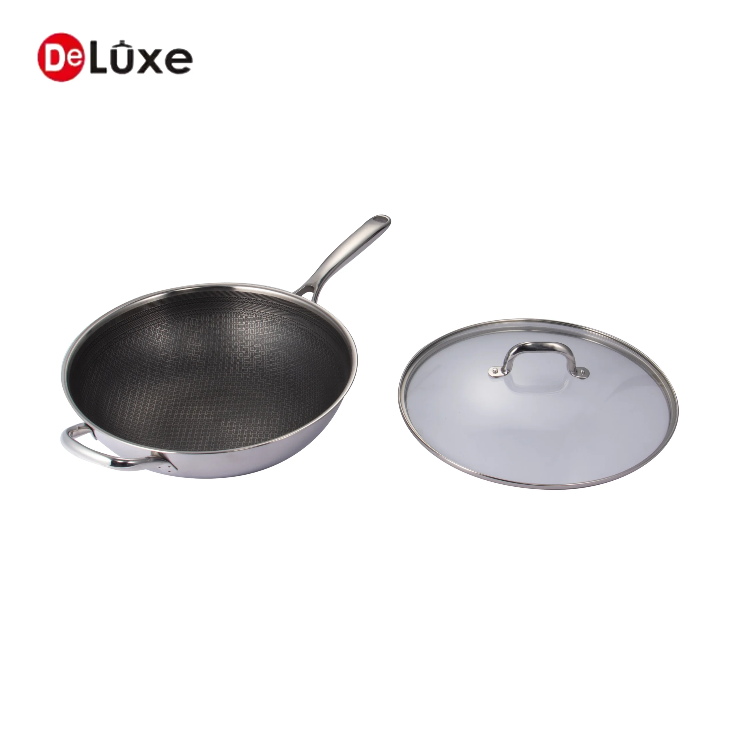 Deluxe honeycomb non-stick wok displayed separately with matching glass lid
