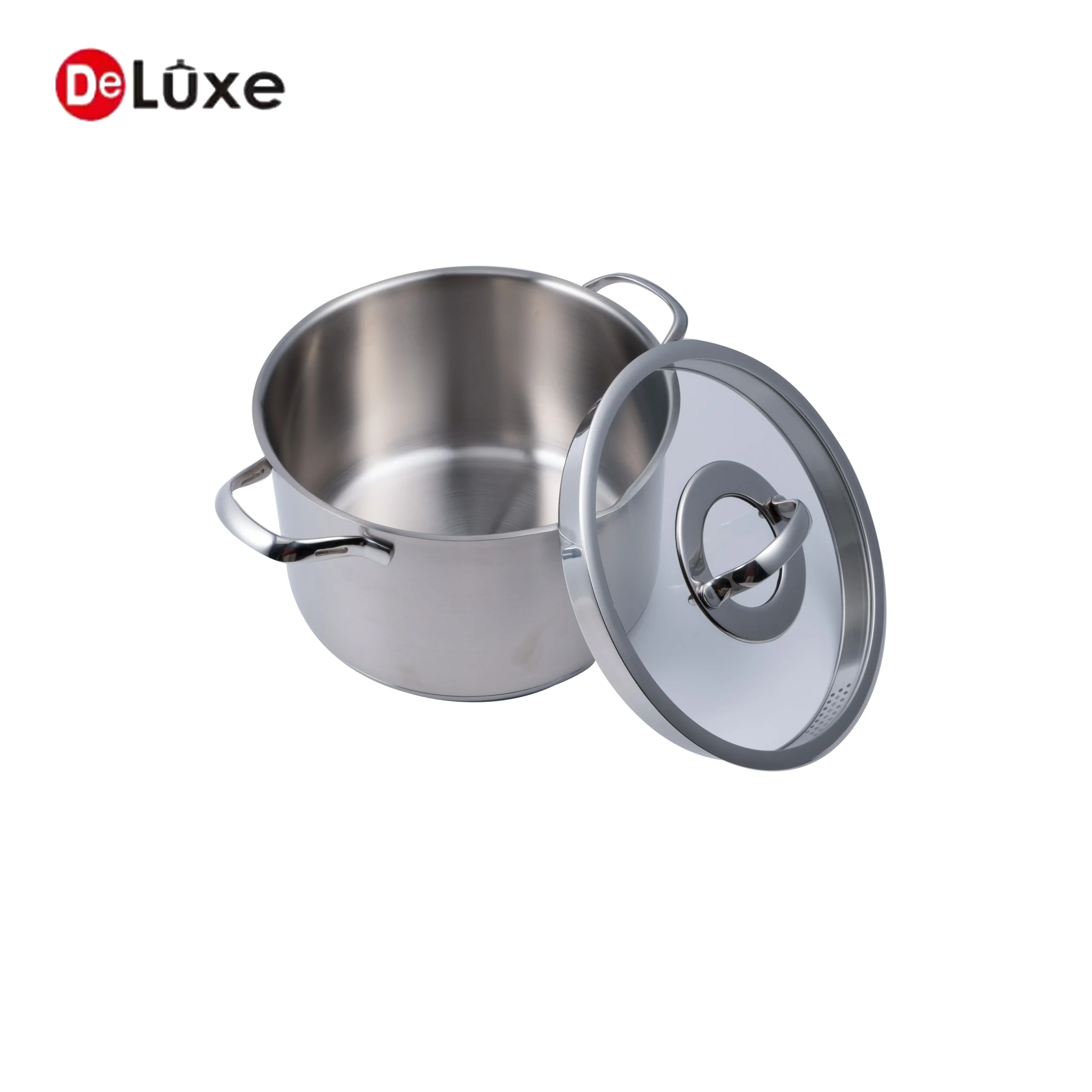 Medium straight stainless steel stock pot, silver double handles with detached combination lid
