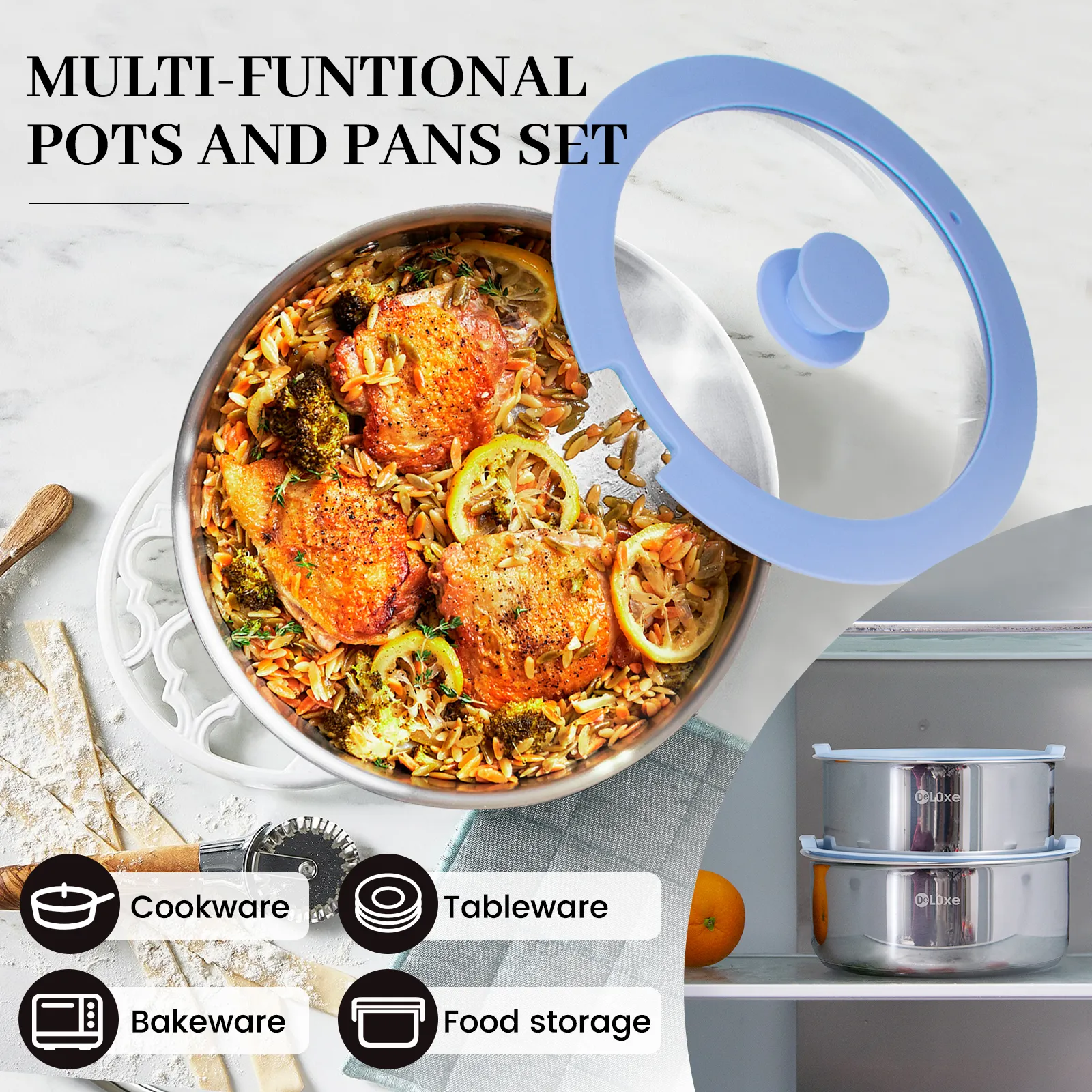 DeLuxe multi-functional detachable handle stainless steel cookware daily cooking usage scene