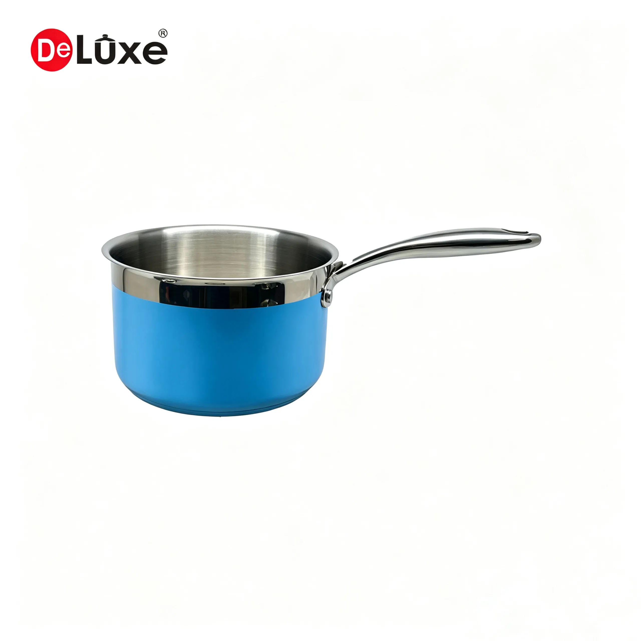 Blue coated stainless steel saucepan with mirror polished band without lid