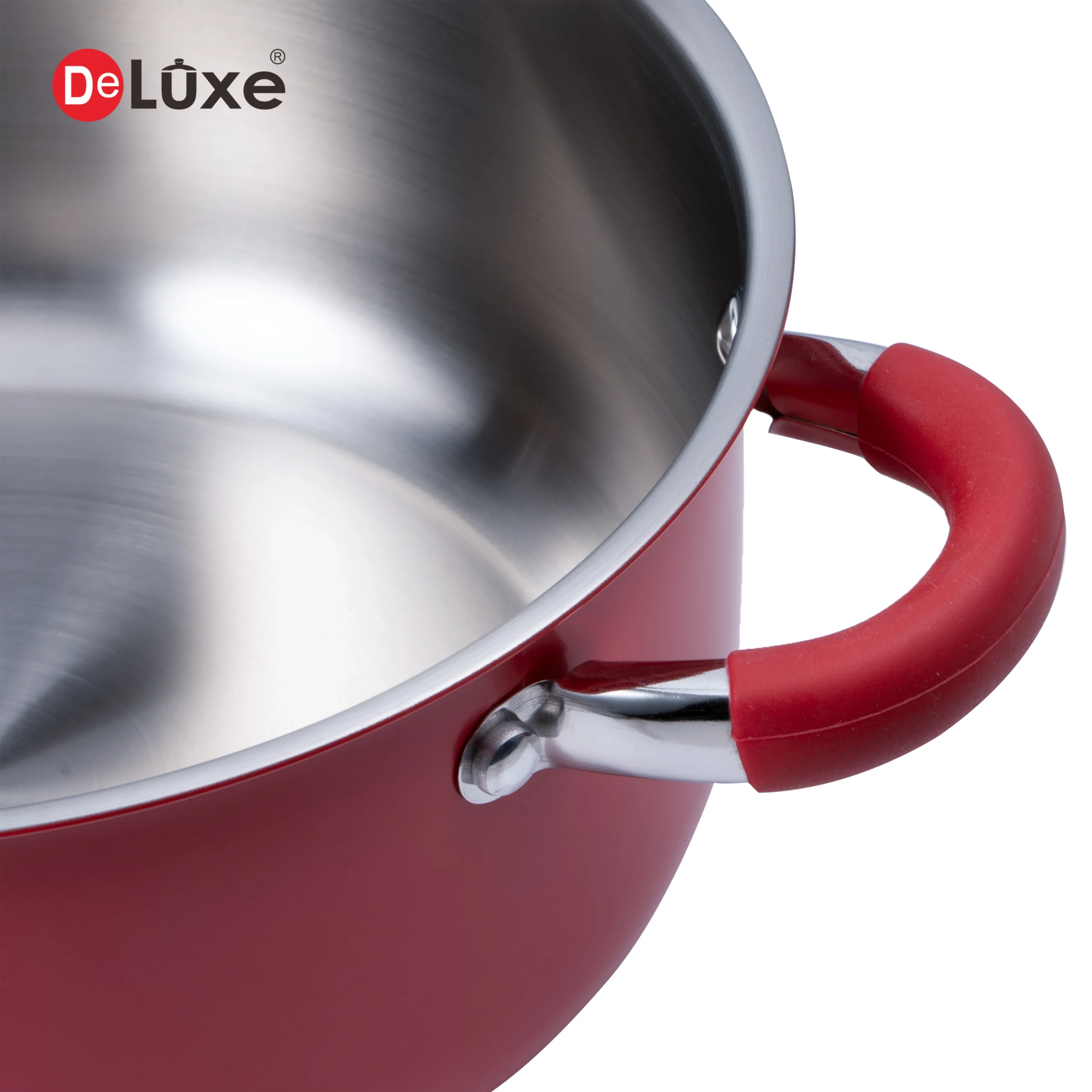 DeLuxe Rose Red Coated Straight Body 304 Stainless Steel Stock Pot, uncovered interior polished wall and sturdy welded handle joint detail