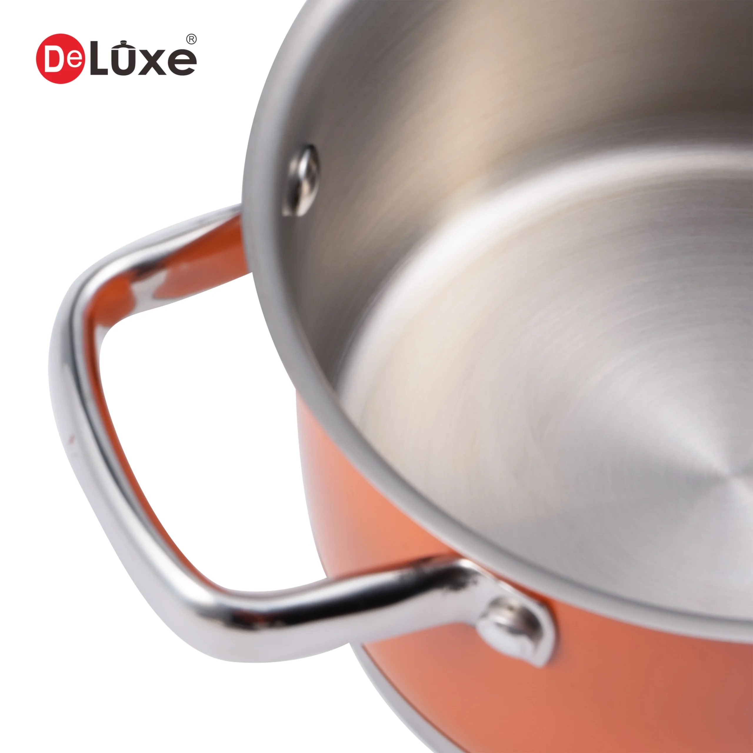 Deluxe orange coated stainless steel stock pot with cast steel handle detail, suitable for gas and induction cooktops