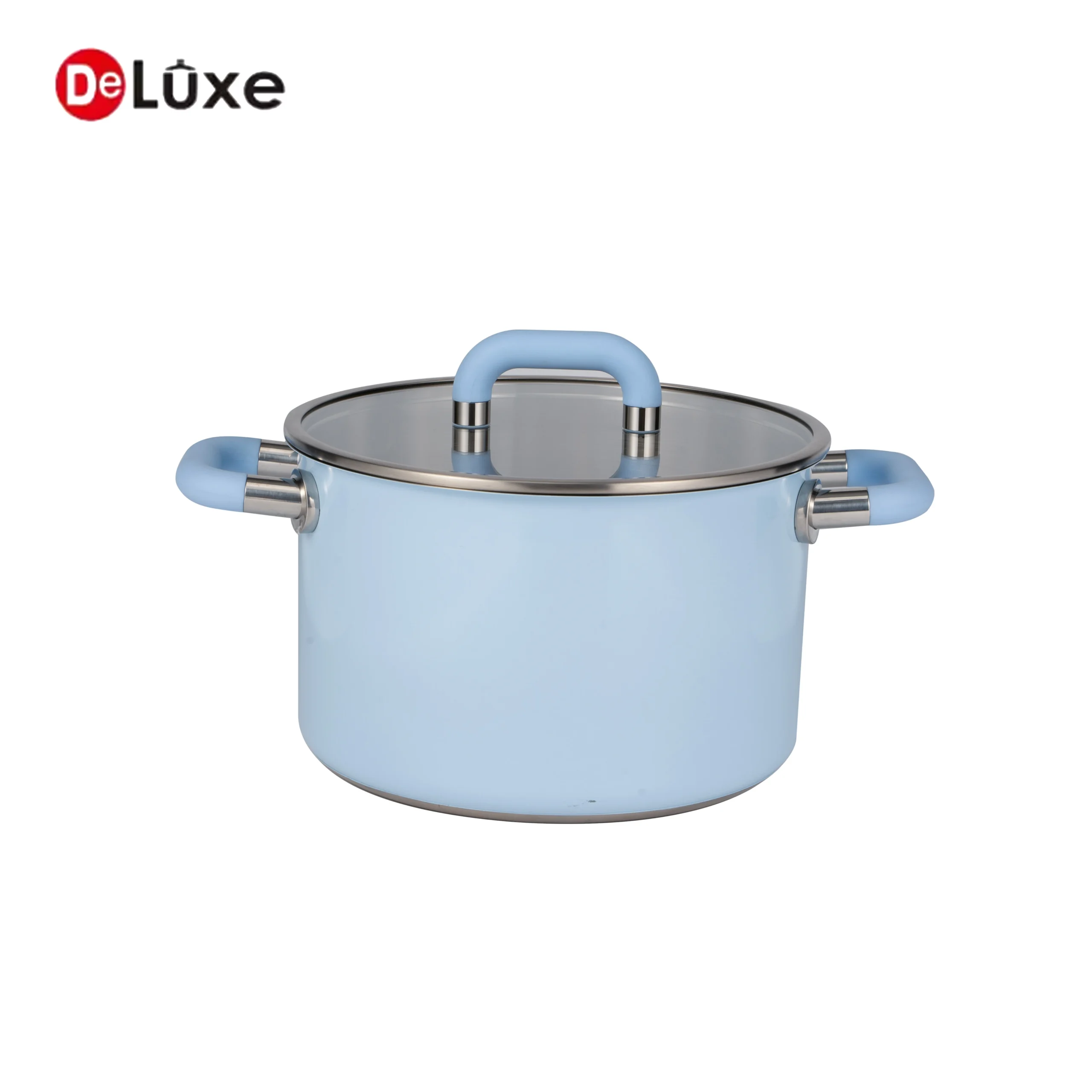 Deluxe Paris blue stainless steel cookware pot with glass lid and silicone handles