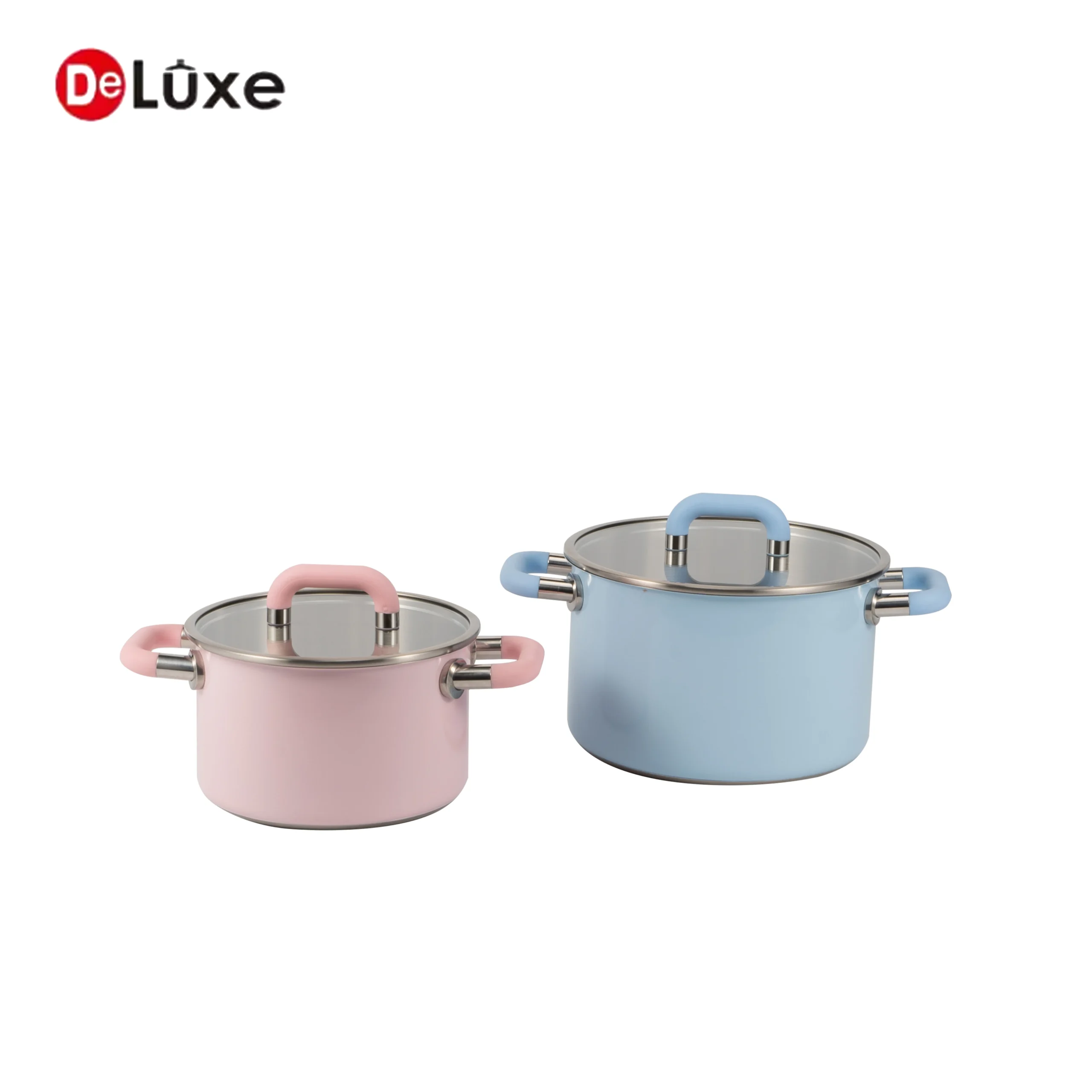 Deluxe Paris pink and blue stainless steel cookware set with glass lids