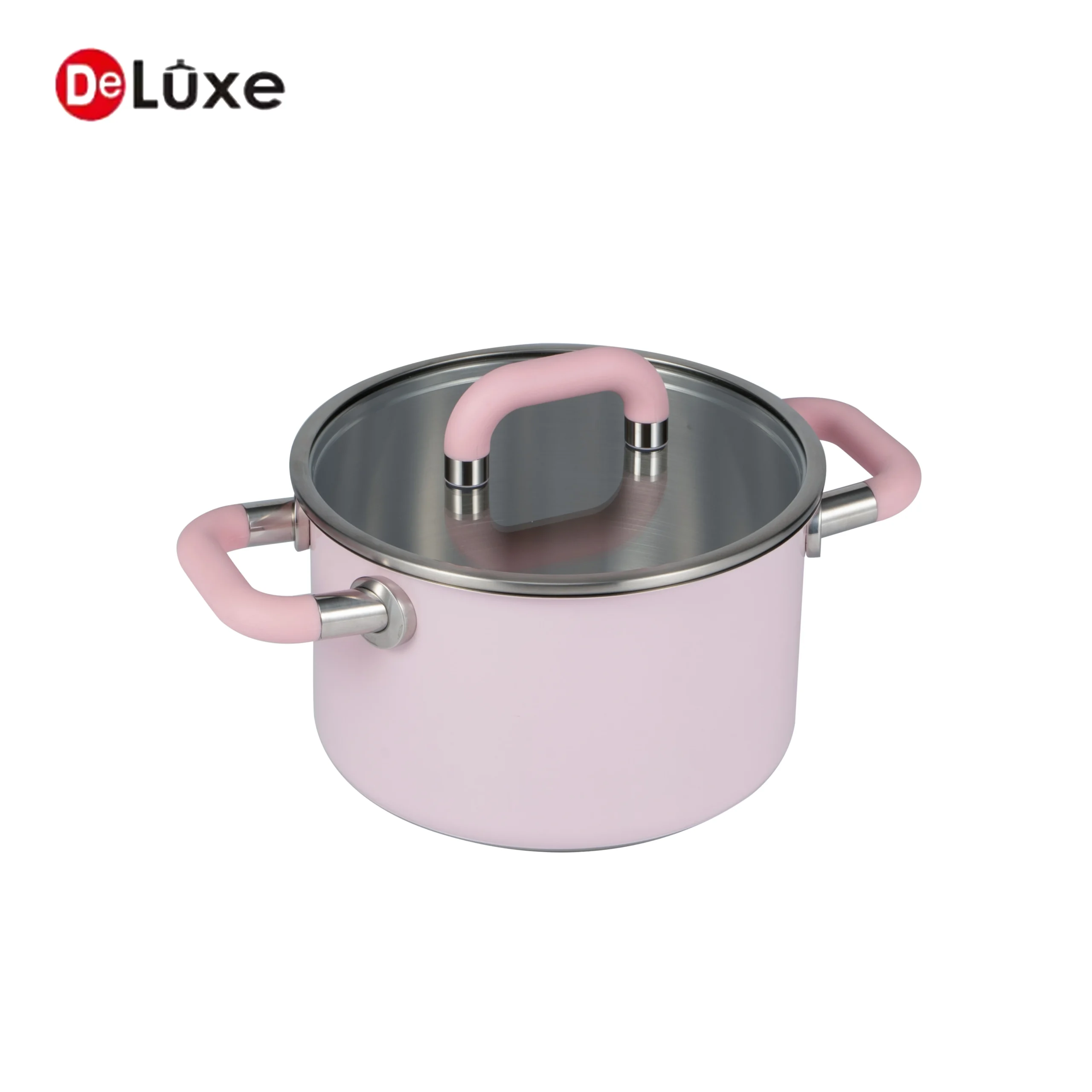 Deluxe Paris pink stainless steel cookware pot with visible glass lid and silicone handles