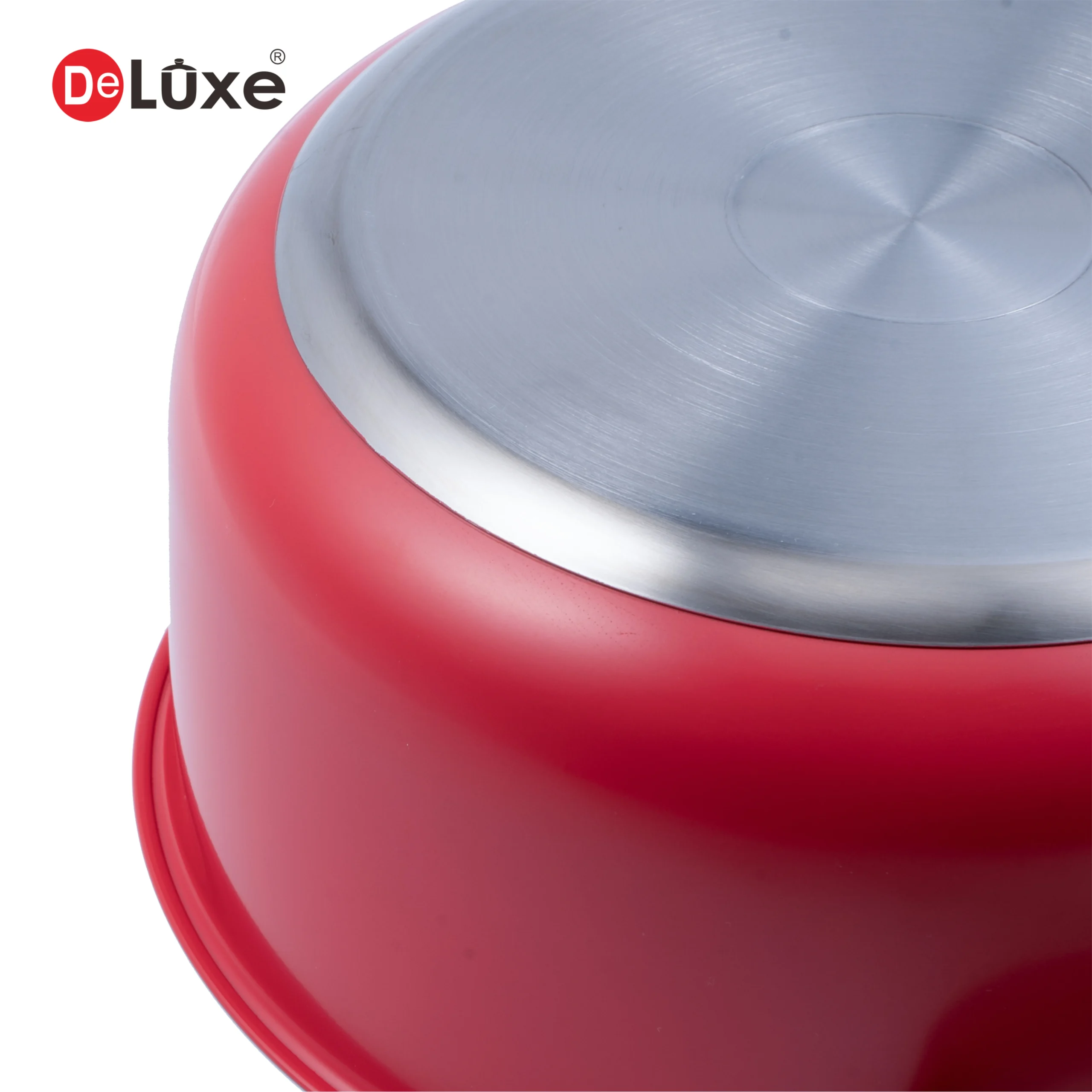 DeLuxe Rose Red Coated Straight Body 304 Stainless Steel Stock Pot, aluminum & 430 stainless steel composite induction bottom top view detail