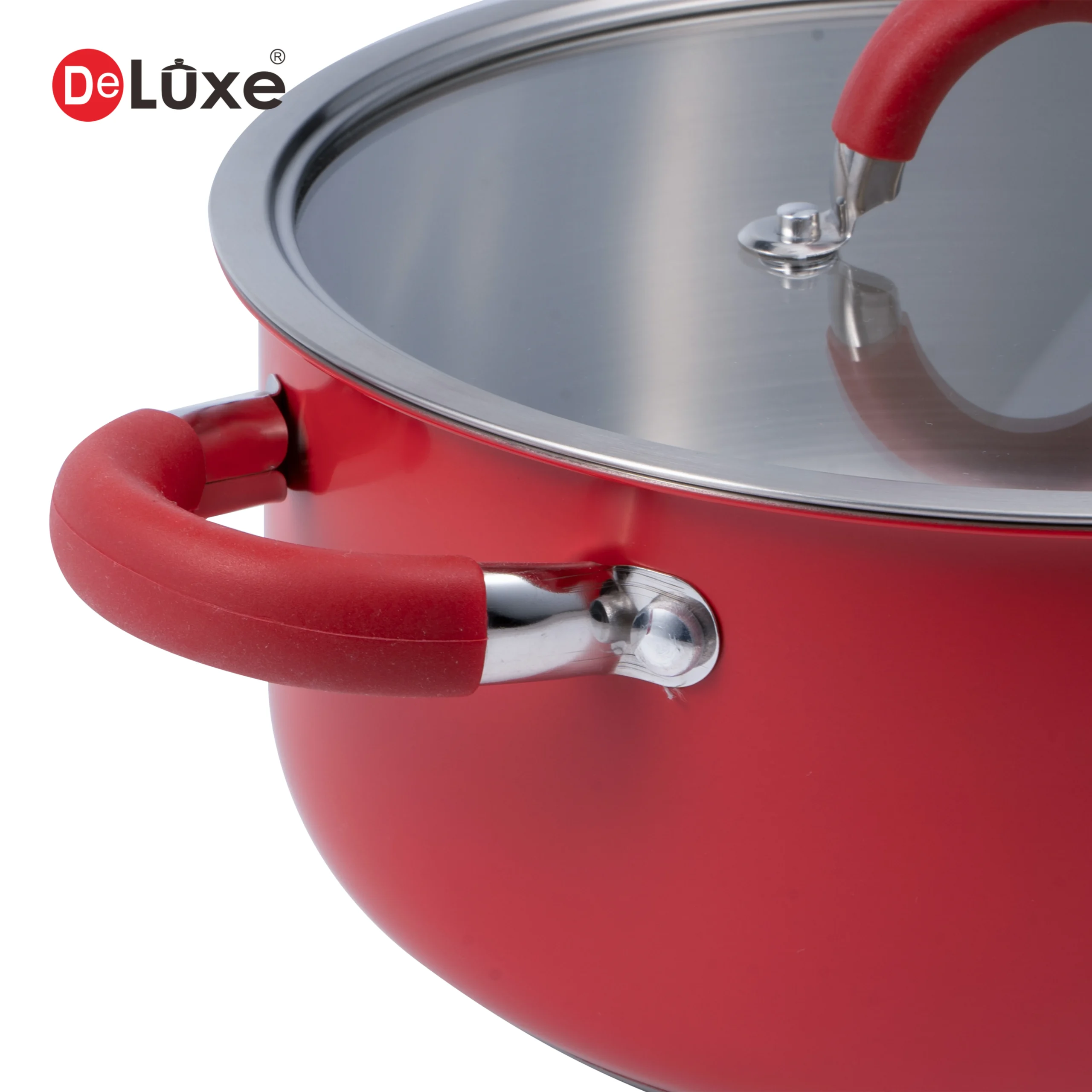 DeLuxe Rose Red Coated Straight Body 304 Stainless Steel Stock Pot, riveted silicone wrapped handle and stainless steel pot rim edge craftsmanship detail