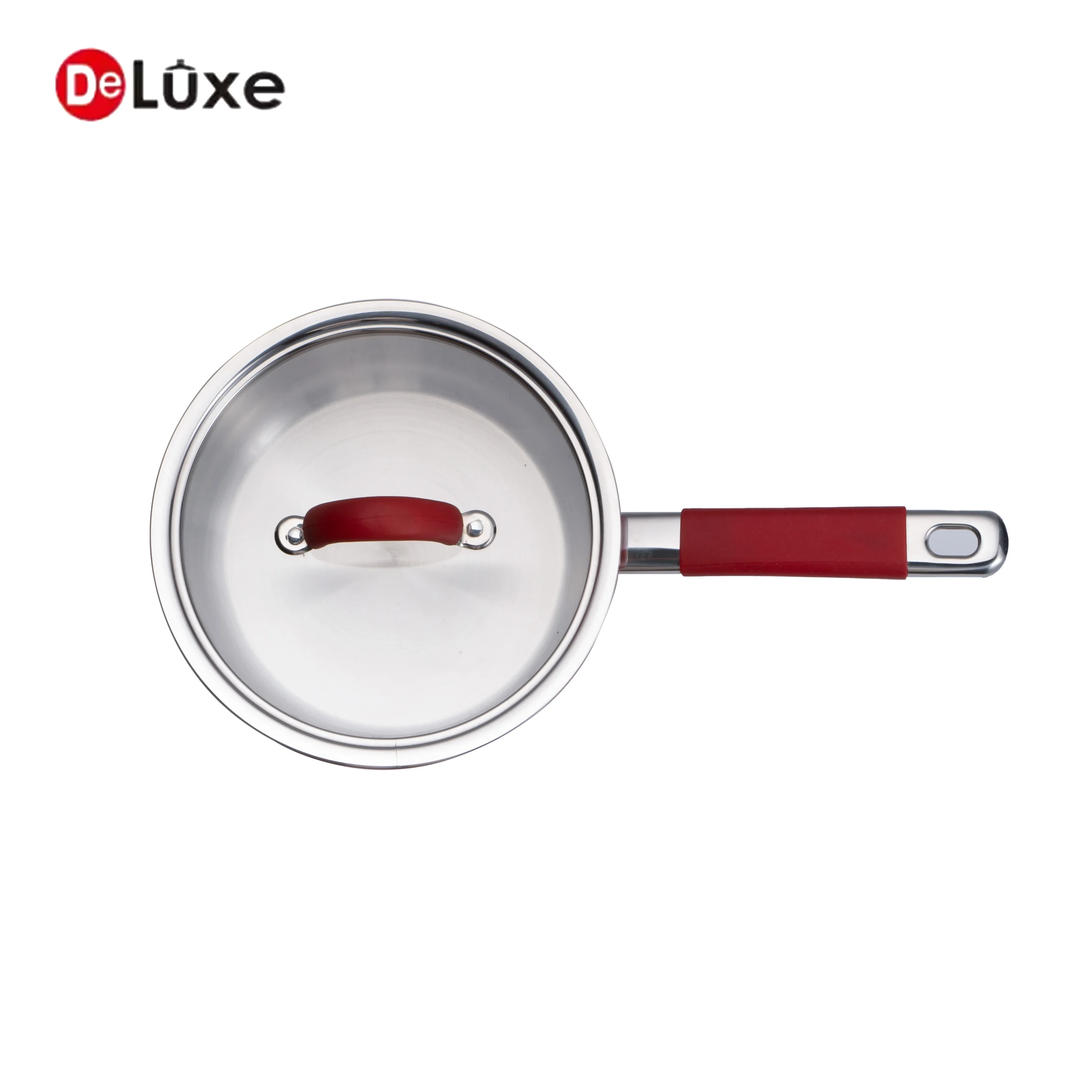 Top view of DeLuxe red exterior straight 304 stainless steel saucepan, silicone wrapped cast steel handle, tempered glass lid, composite induction bottom