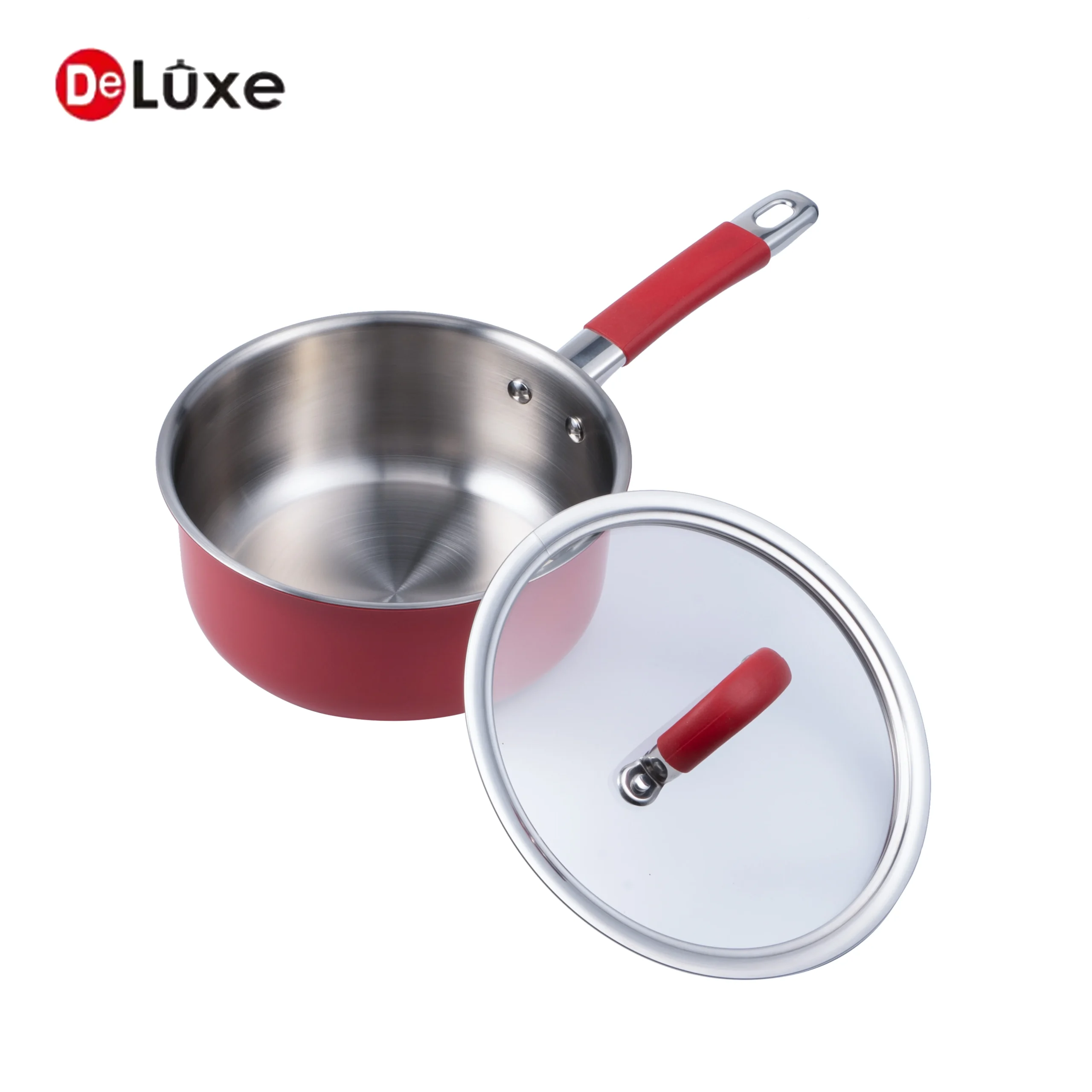 DeLuxe red coated straight body 304 stainless steel single handle saucepan with separated tempered glass lid, silicone wrapped anti-scald cast steel handle, composite induction bottom for gas and induction cooktops