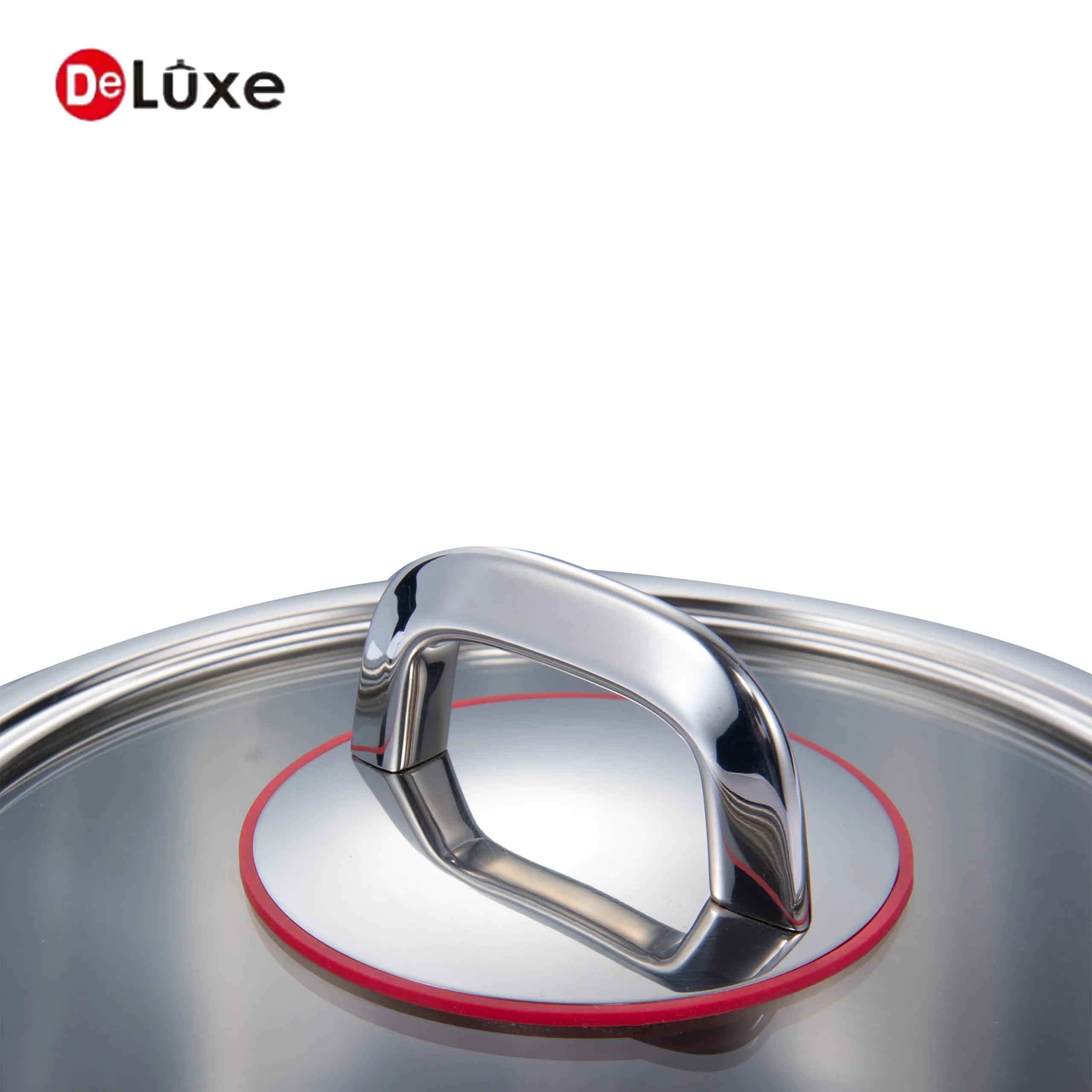 Close-up of glass lid with bright red food-grade silicone sealing ring for cookware set