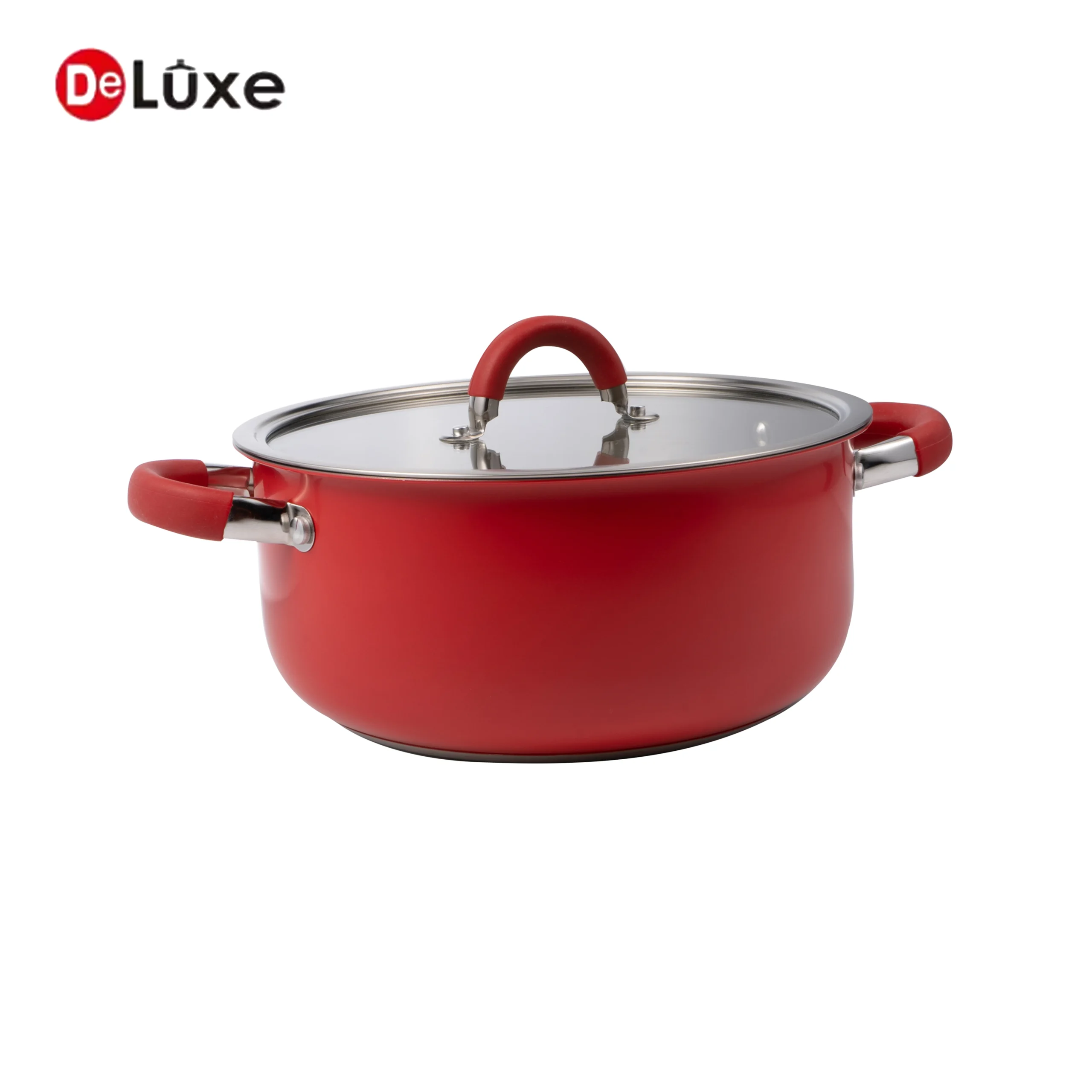 DeLuxe Rose Red Coated Straight Body 304 Stainless Steel Double Handle Stock Pot with Tempered Glass Lid, silicone wrapped anti-scald cast steel handles