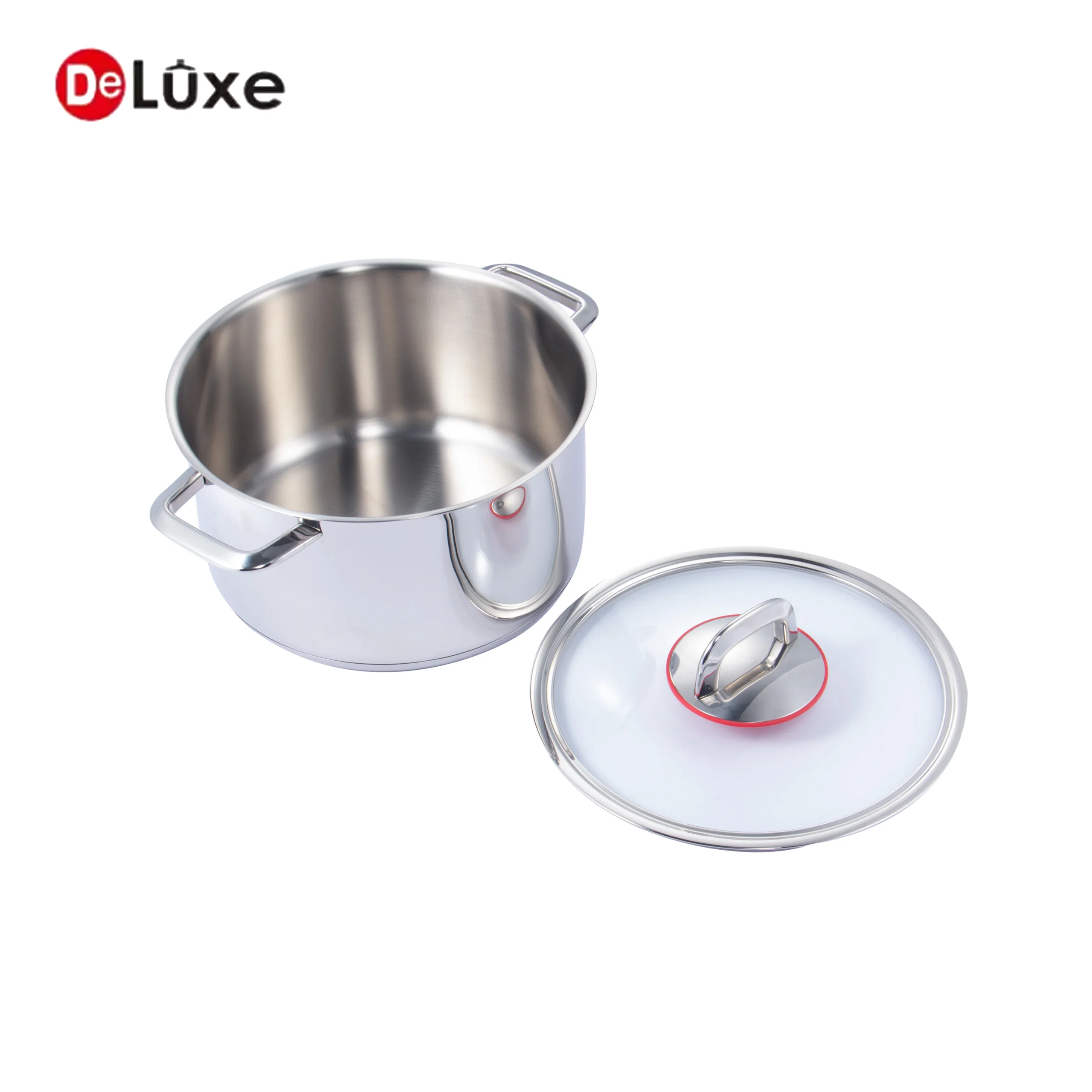 Deluxe 304 stainless steel stock pot with red seal glass lid, suitable for gas & induction cooktops