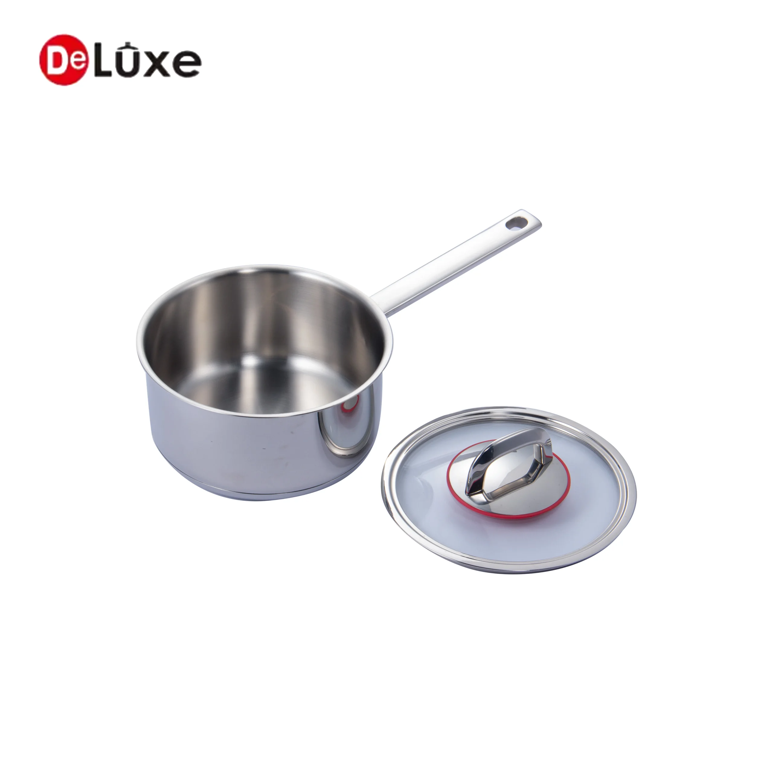Stainless steel saucepan with separated tempered glass lid featuring red silicone seal ring