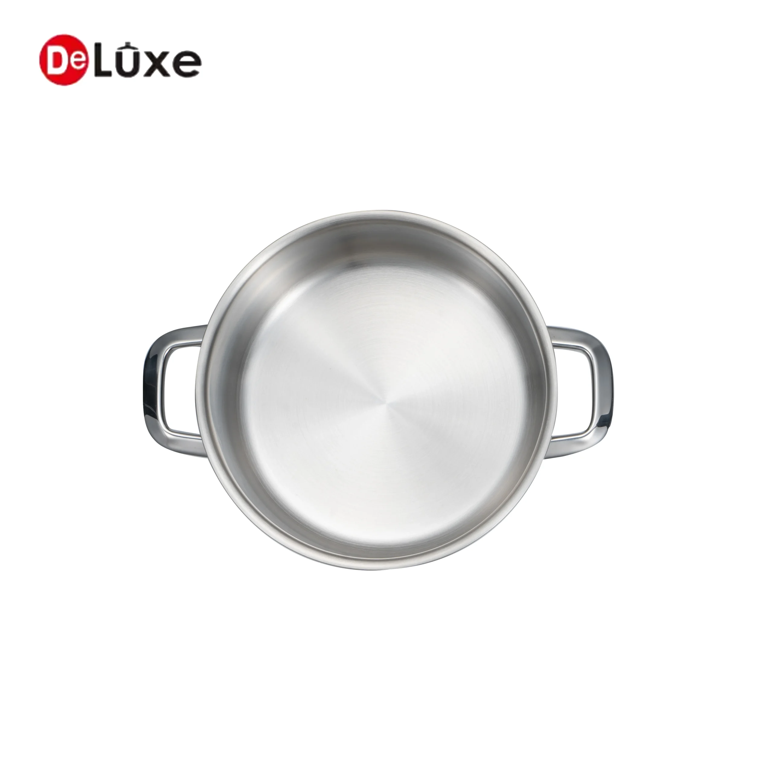 Empty stainless steel shallow casserole pot with solid double cast steel handles