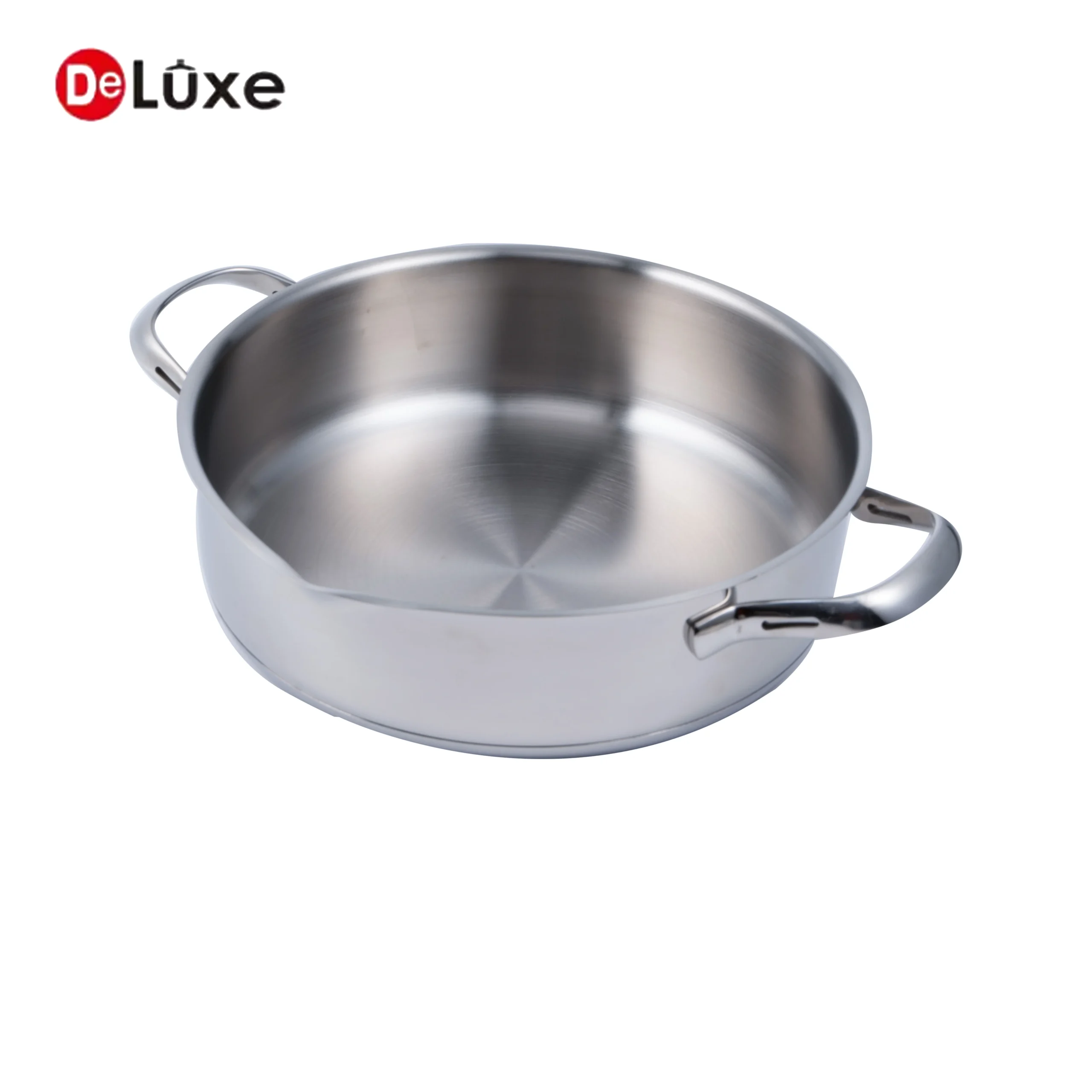 Open deluxe stainless steel shallow casserole pot without lid, smooth interior