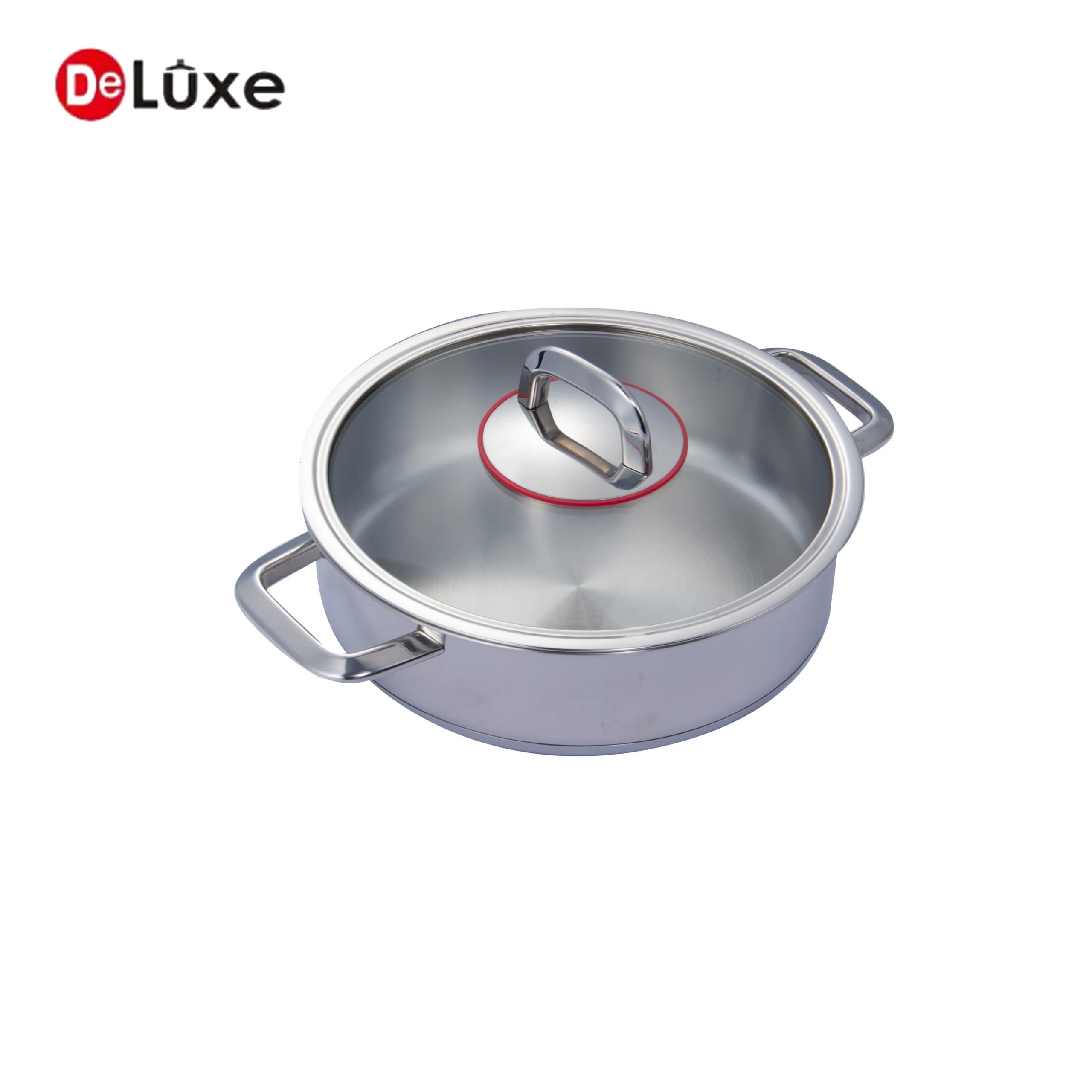 Open stainless steel shallow casserole pot with double cast steel handles and red seal glass lid