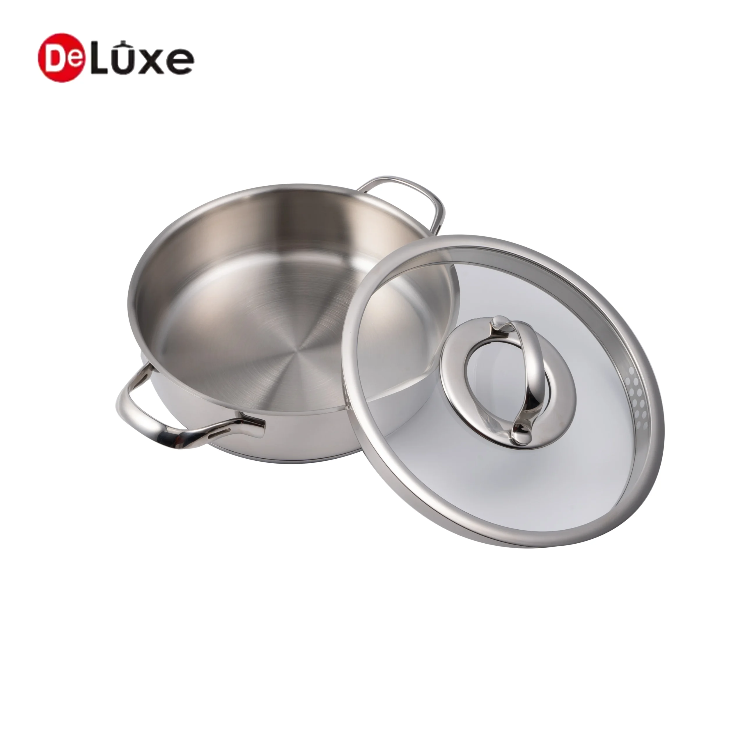 Stainless steel shallow casserole with separate tempered visible glass lid and double side handles