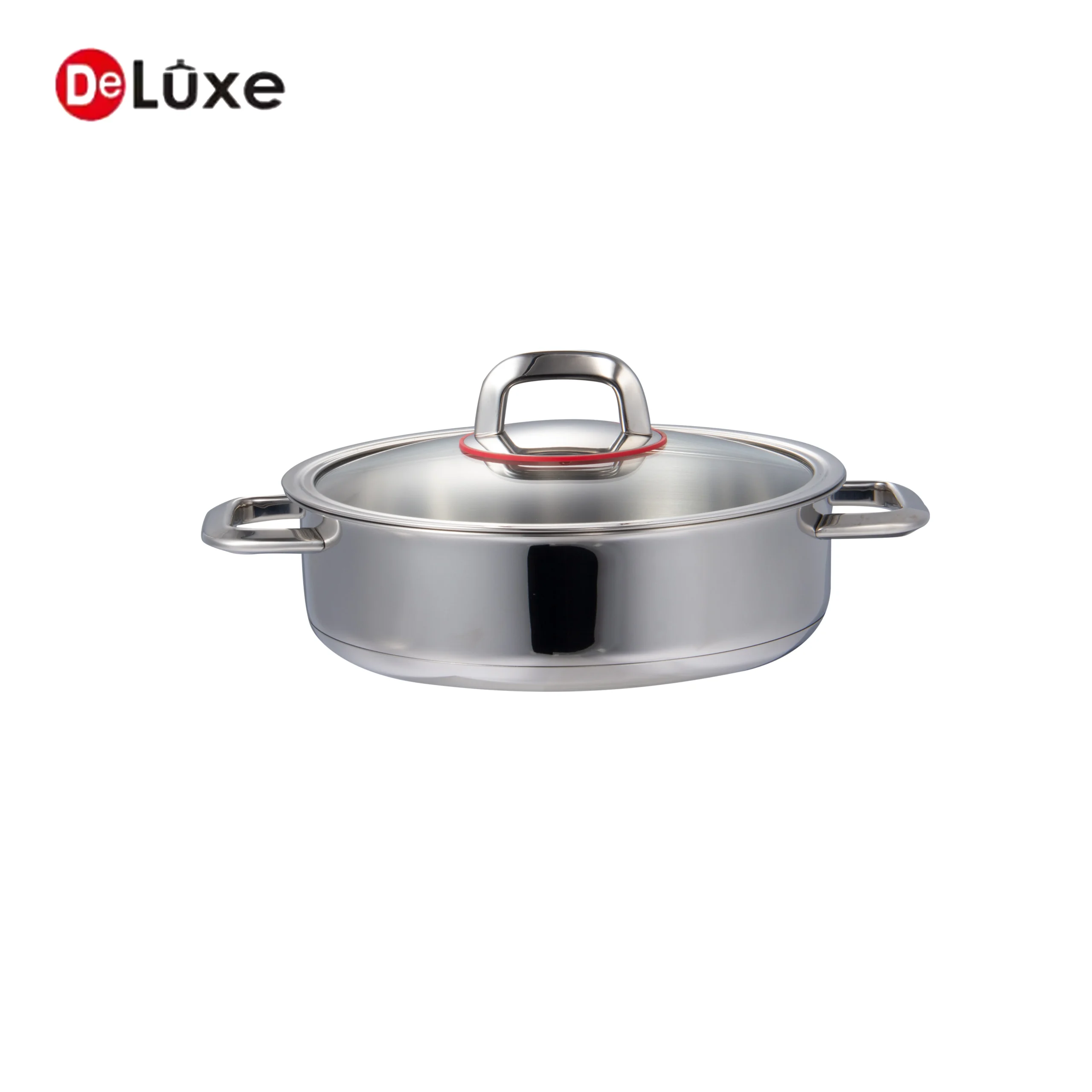 Stainless steel shallow casserole pot, double cast steel handles with red silicone seal glass lid