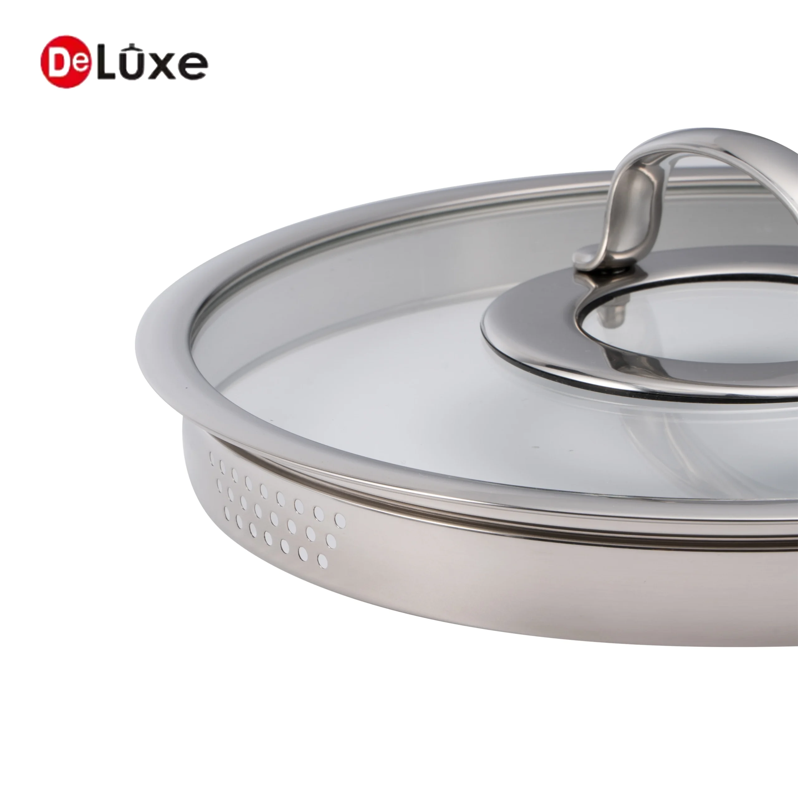 Close-up of deluxe 304 stainless shallow casserole pot rim and lid handle
