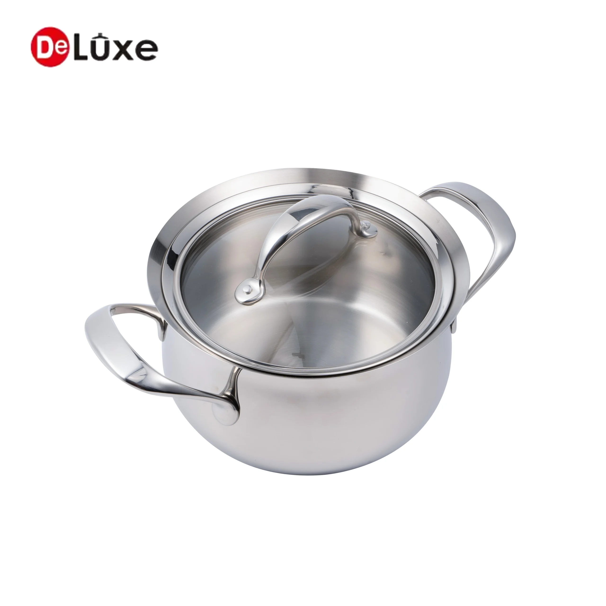 Open belly shaped deep stockpot with double silver cast steel handles and stainless lid inside